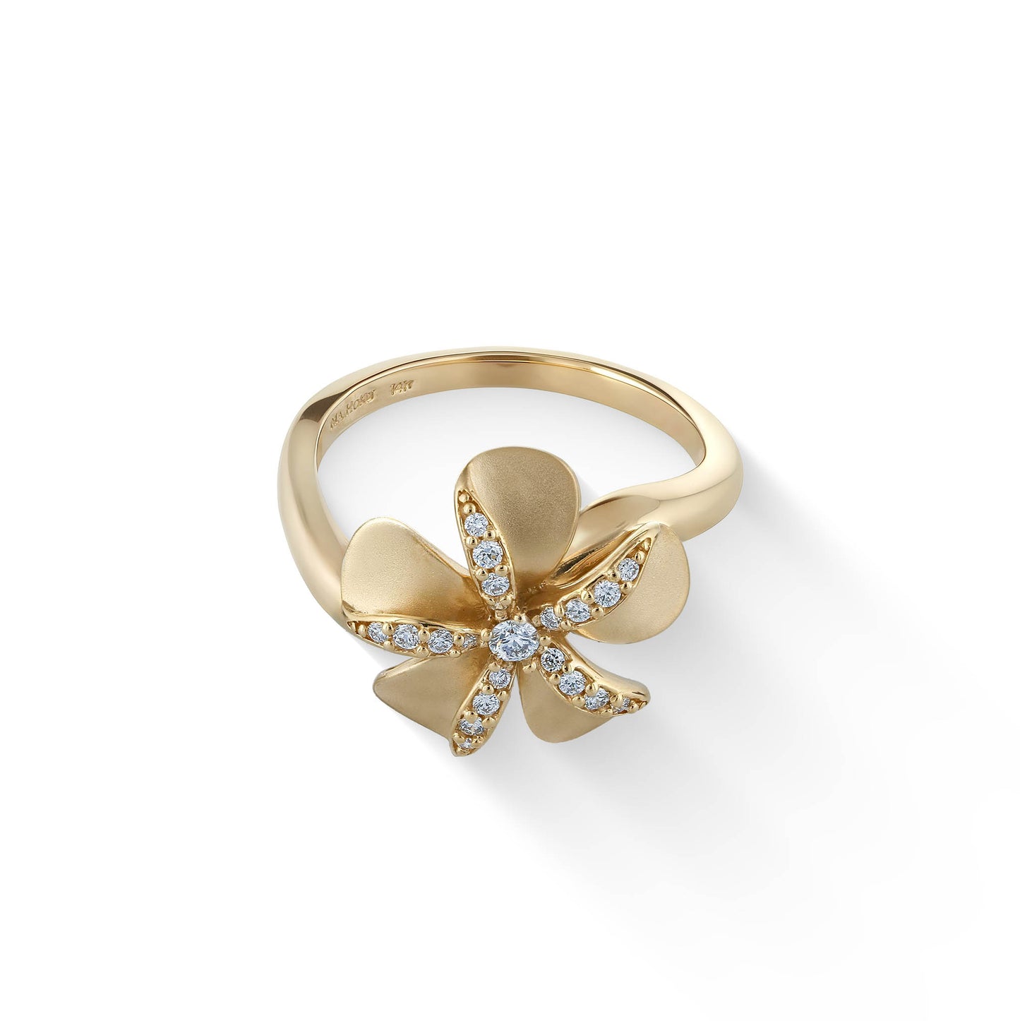 Diamond plumeria flower ring in 14k yellow gold with a polished band, shown from overhead angle. Item No. 44829