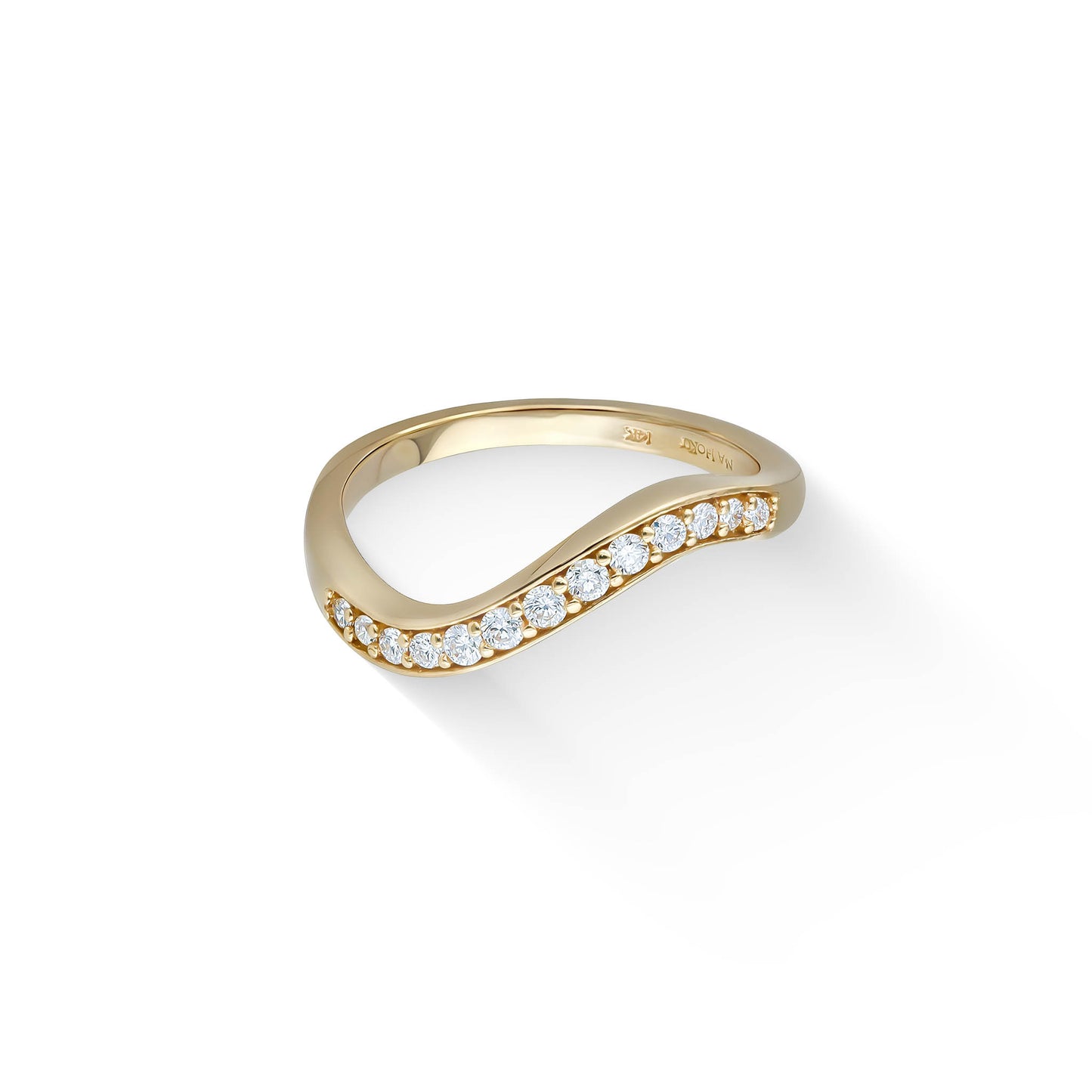 Yellow gold curvy ring with round pavé-set diamonds, designed to pair beautifully with matching plumeria ring. Item No. 44841