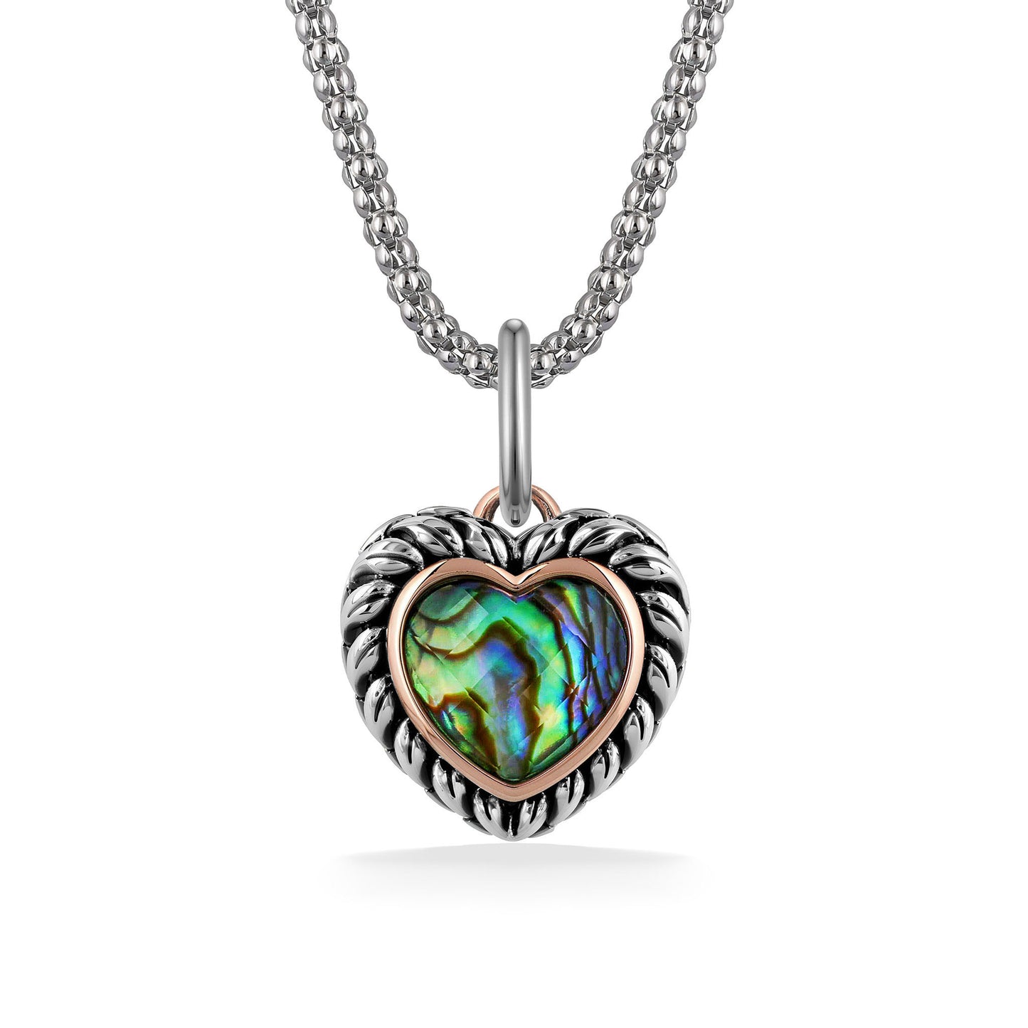 Sterling Silver heart shaped pendant with rose gold accents and a abalone quartz center. Item No. 44847