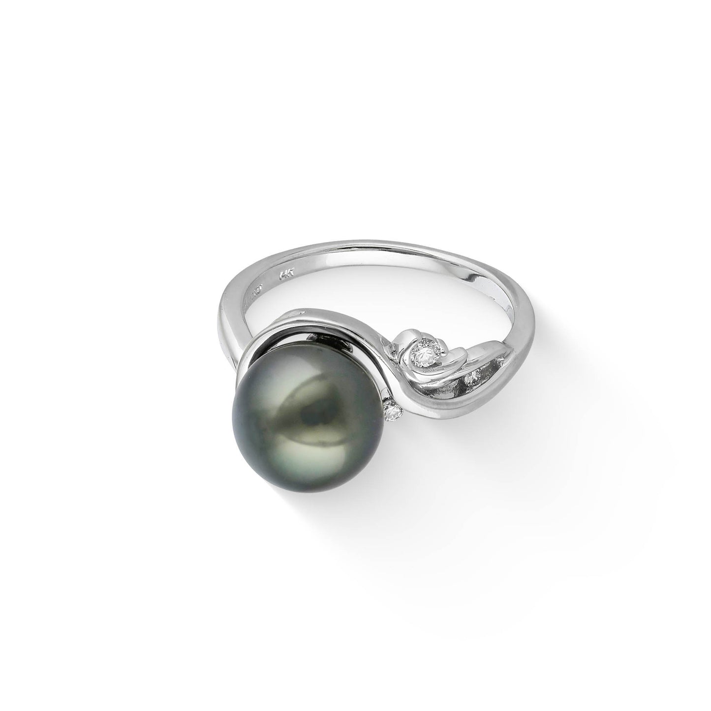 Horizontal view of a white gold ring with an 11mm Tahitian pearl & curved band set with small diamonds. Item No. 44823