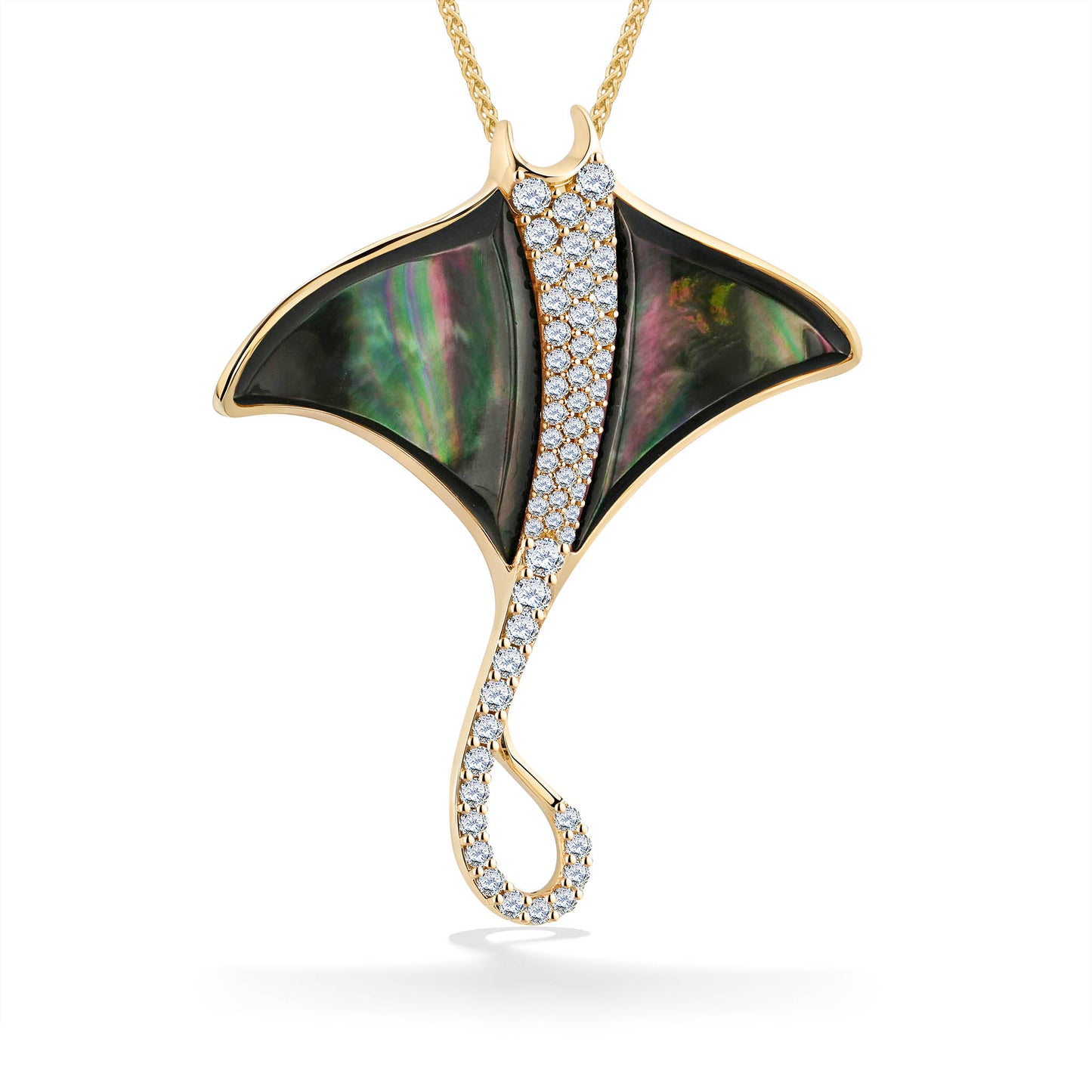 Manta Ray pendant in yellow gold with tahitian mother of pearl inlay wings & diamonds along its spine & tail. Item No. 773545