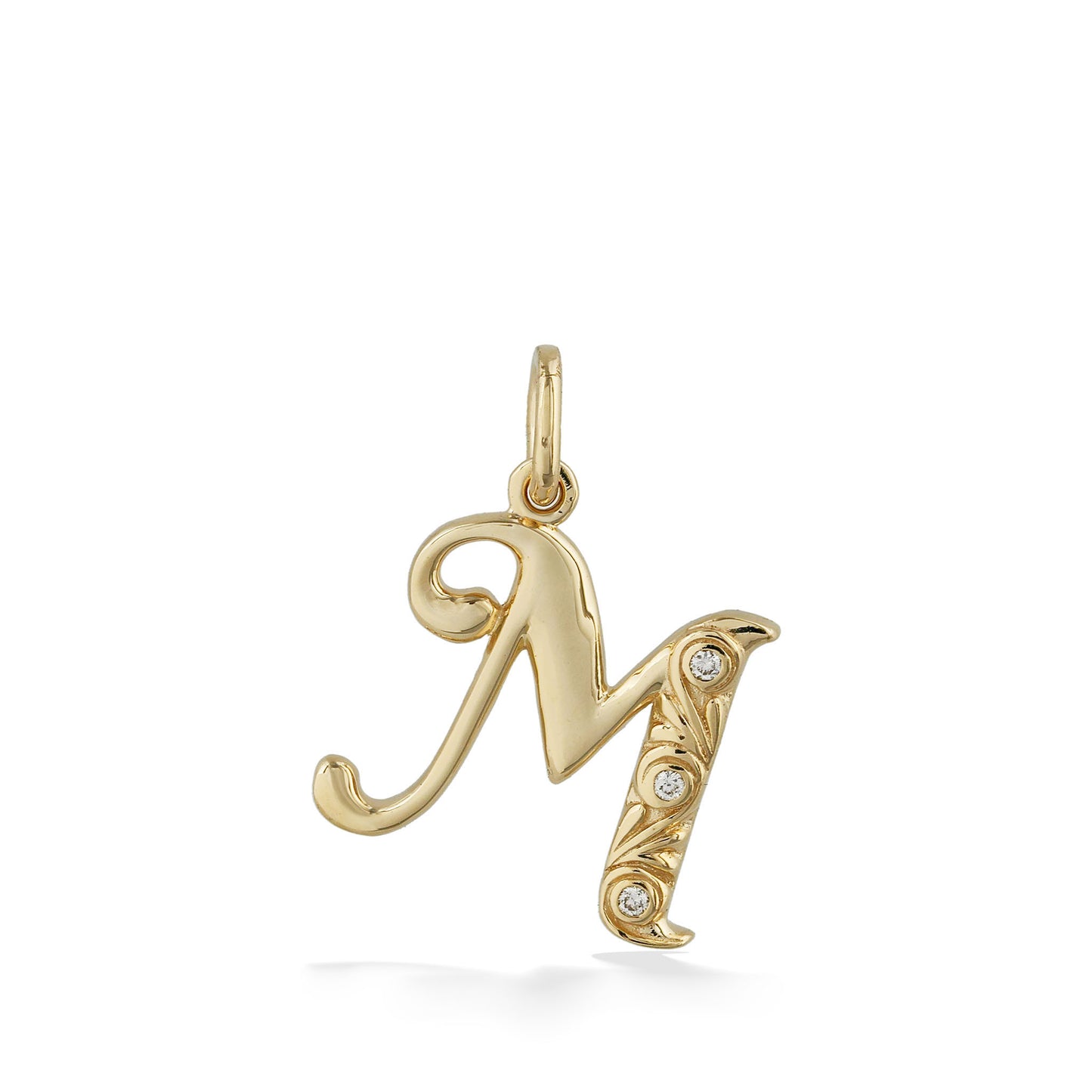 Script-style letter M charm with polished finish and decorative scrollwork with diamonds. Item No. 44922