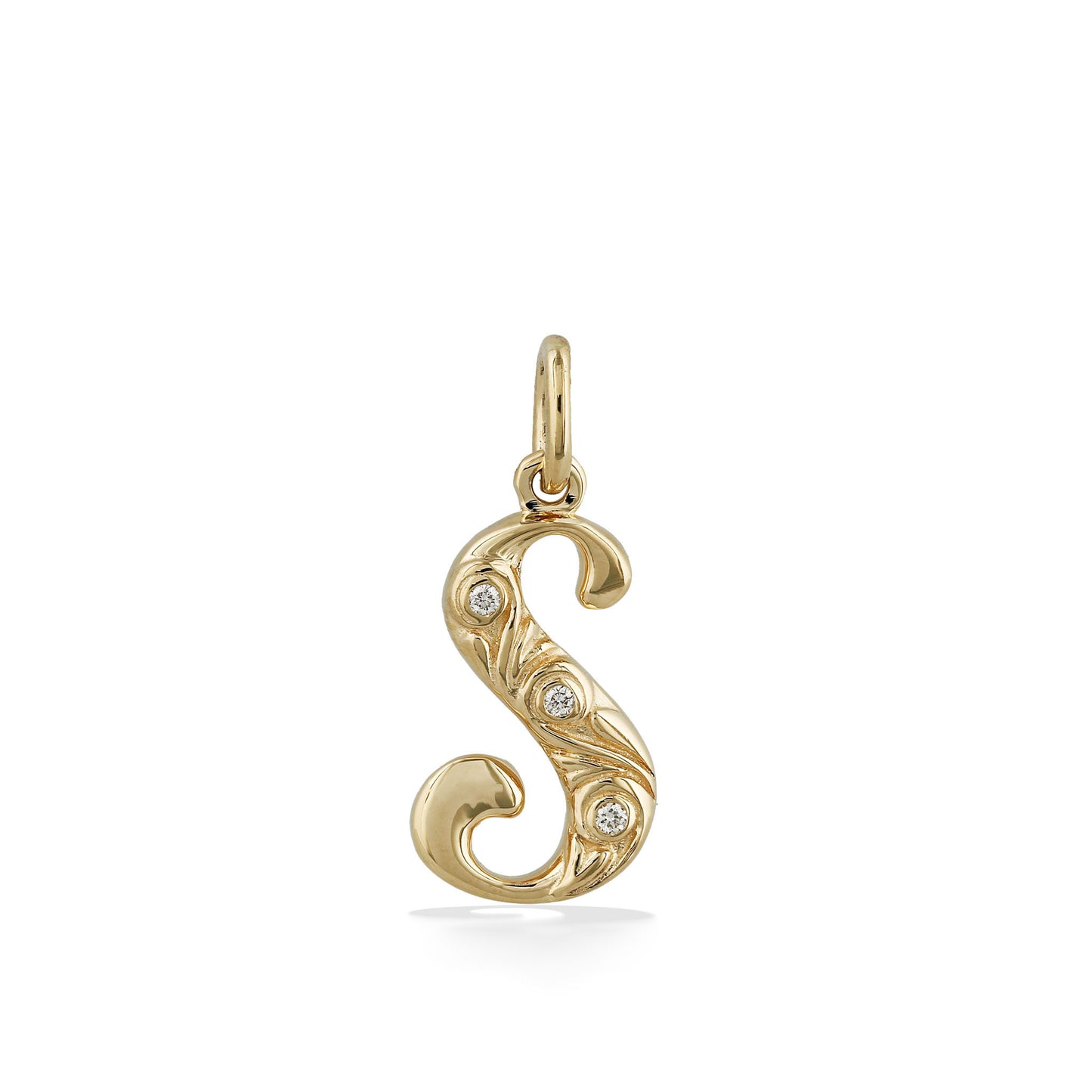 Curved S initial charm featuring polished 14k yellow gold and inset diamonds for added sparkle. Item No. 44928