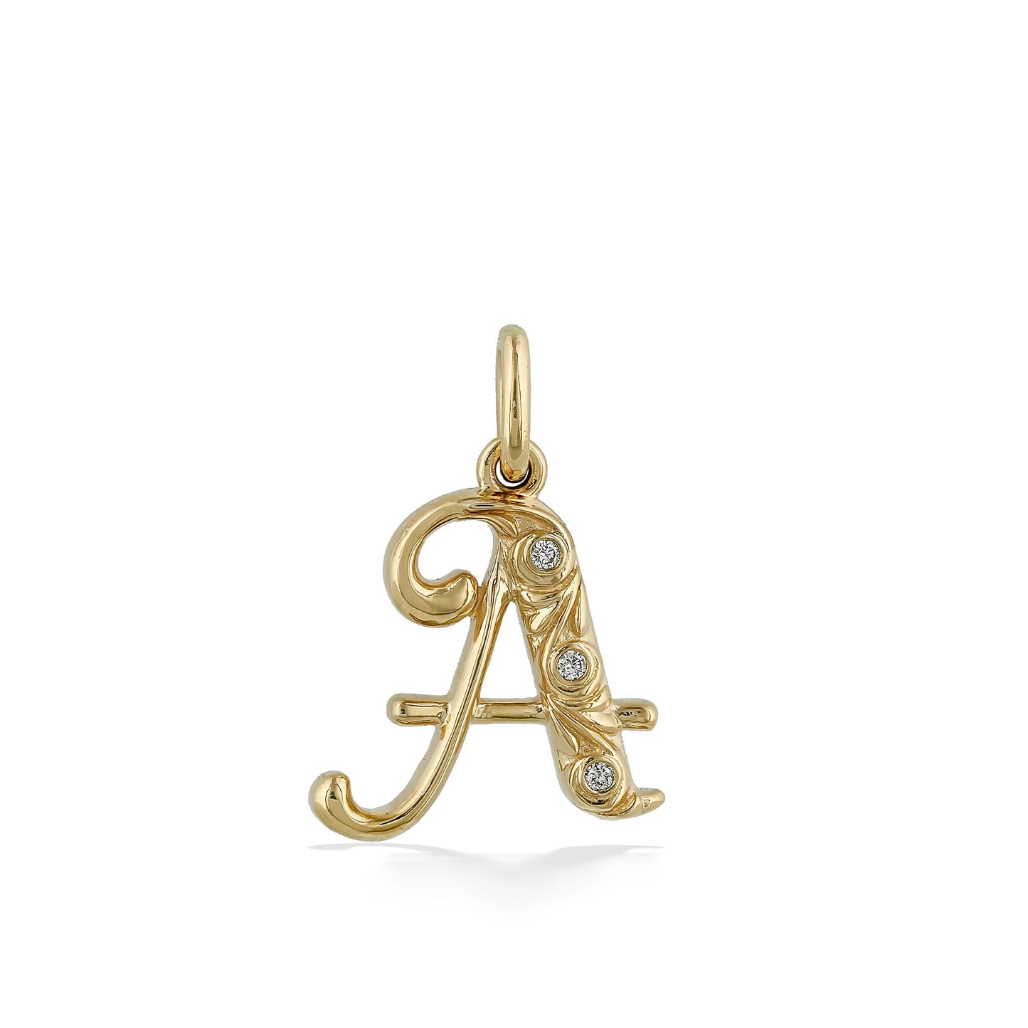 Close up of 14k yellow gold initial letter "A" pendant with three diamond accents and scroll detail. Item No. 44910