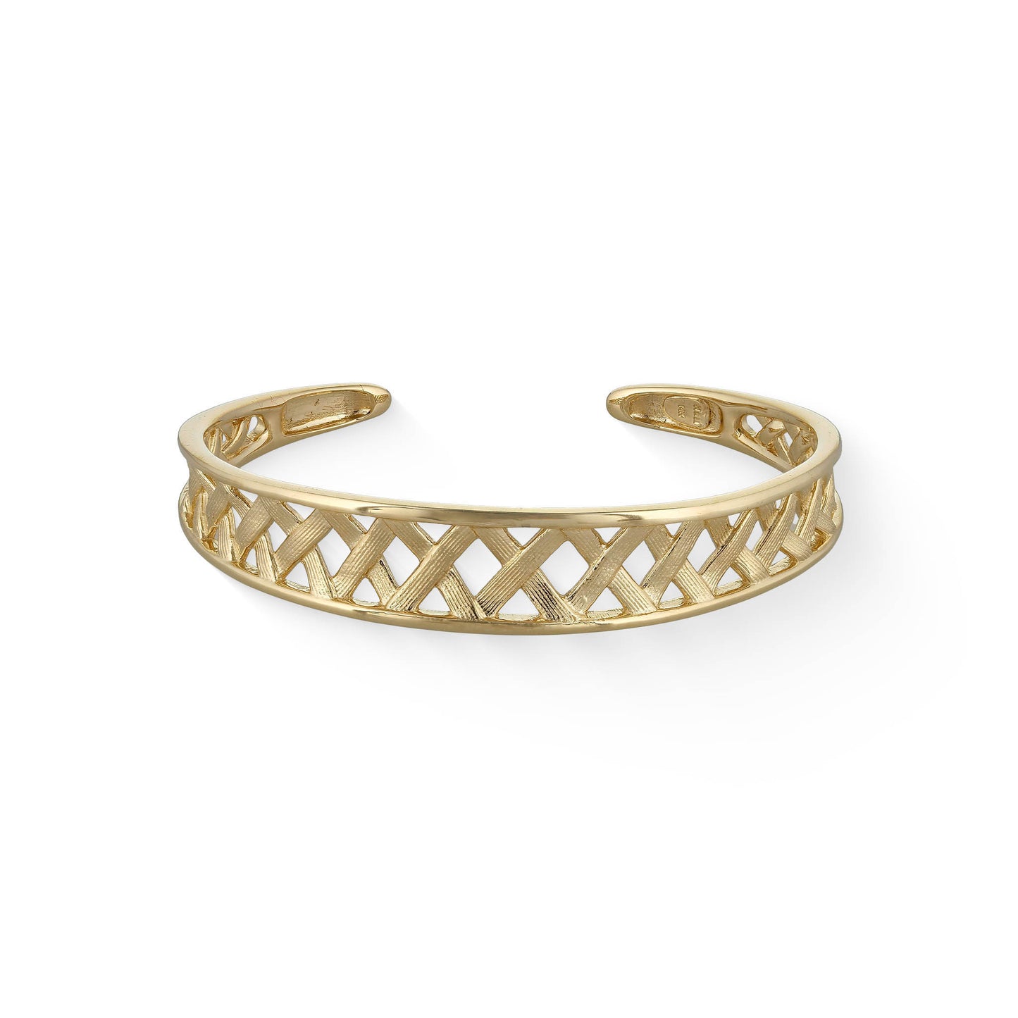 Lauhala bracelet. An open, woven textured pattern in tapered cuff bracelet style in 14K yellow gold. Item No. 44665