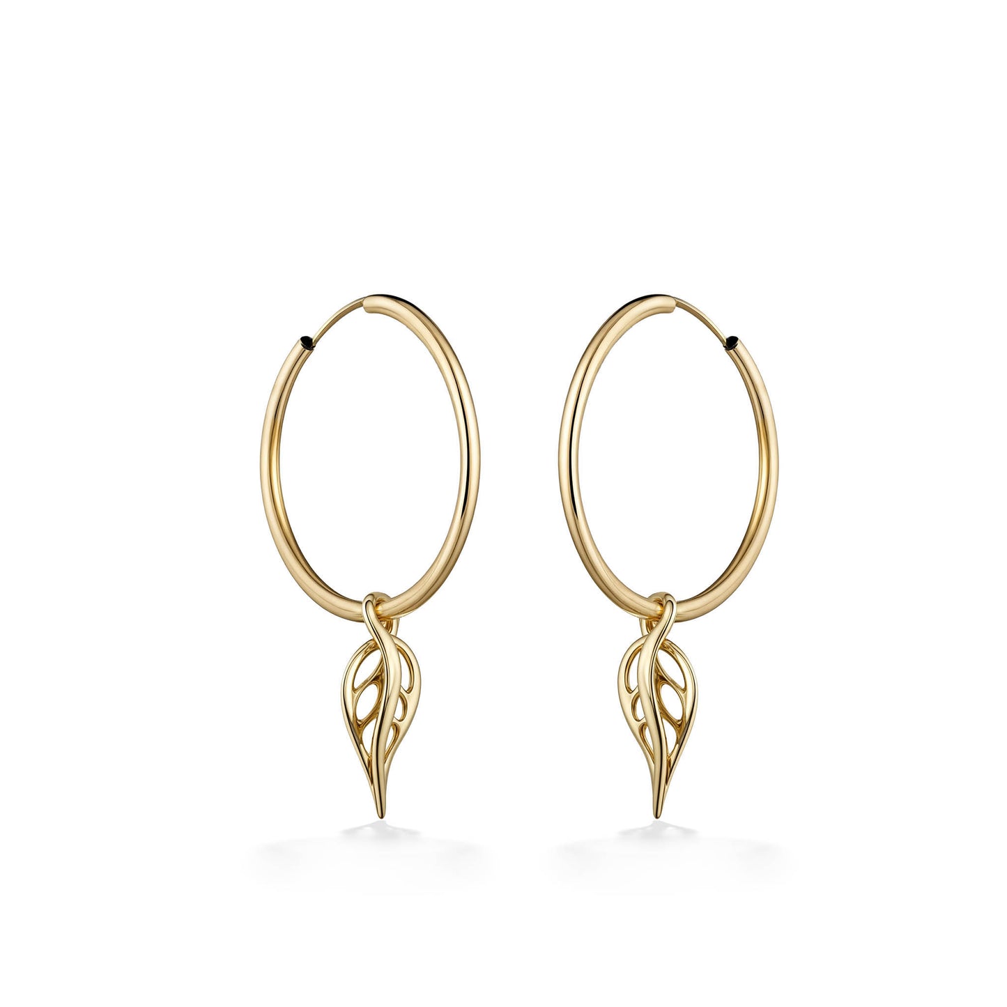 Side view of yellow gold hoop earrings with laser cut maile leaf charms hanging on the bottom of hoops. Item No. 44939