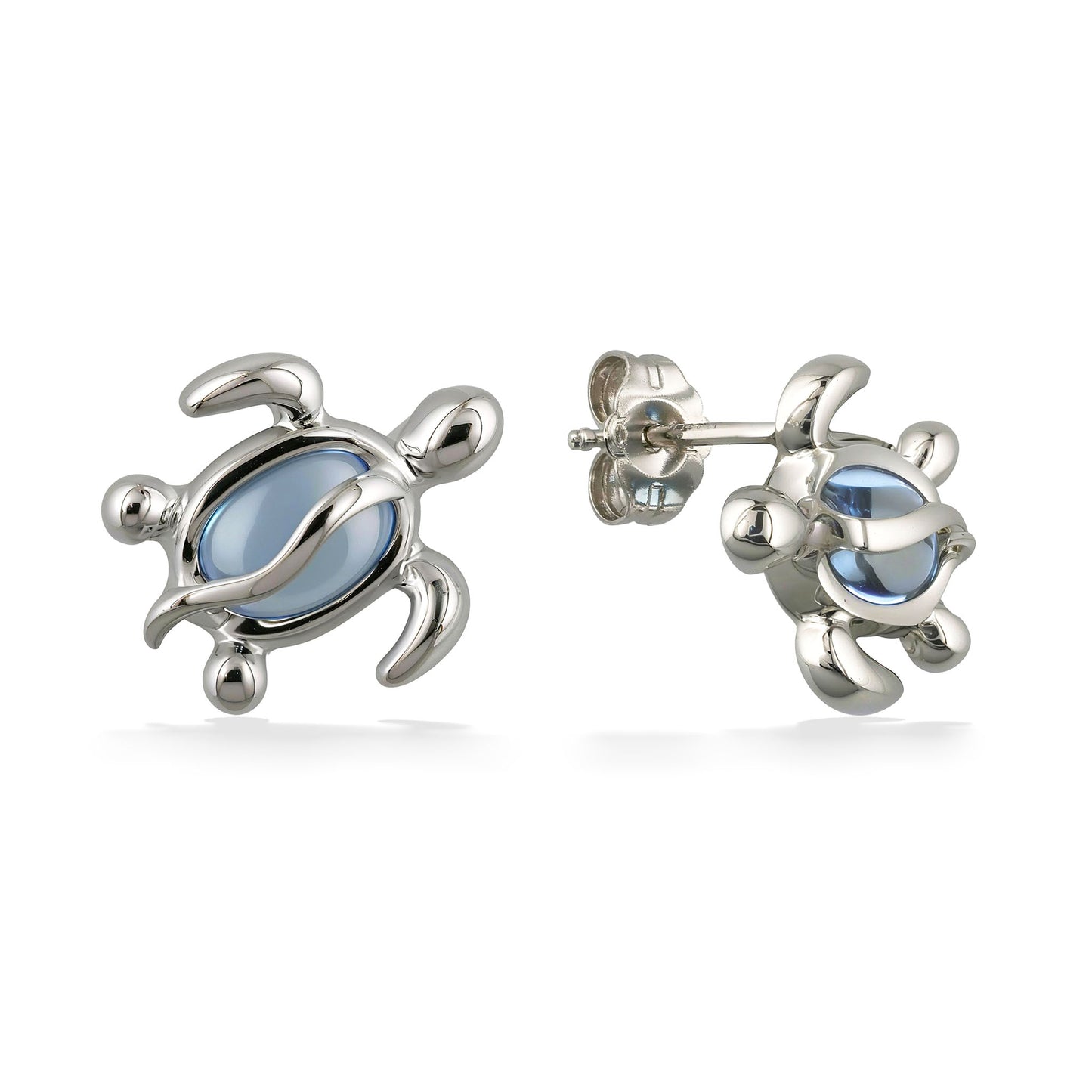 Front view of 14K white gold honu sea turtle stud earrings featuring oval blue topaz centers. Item No. 44896