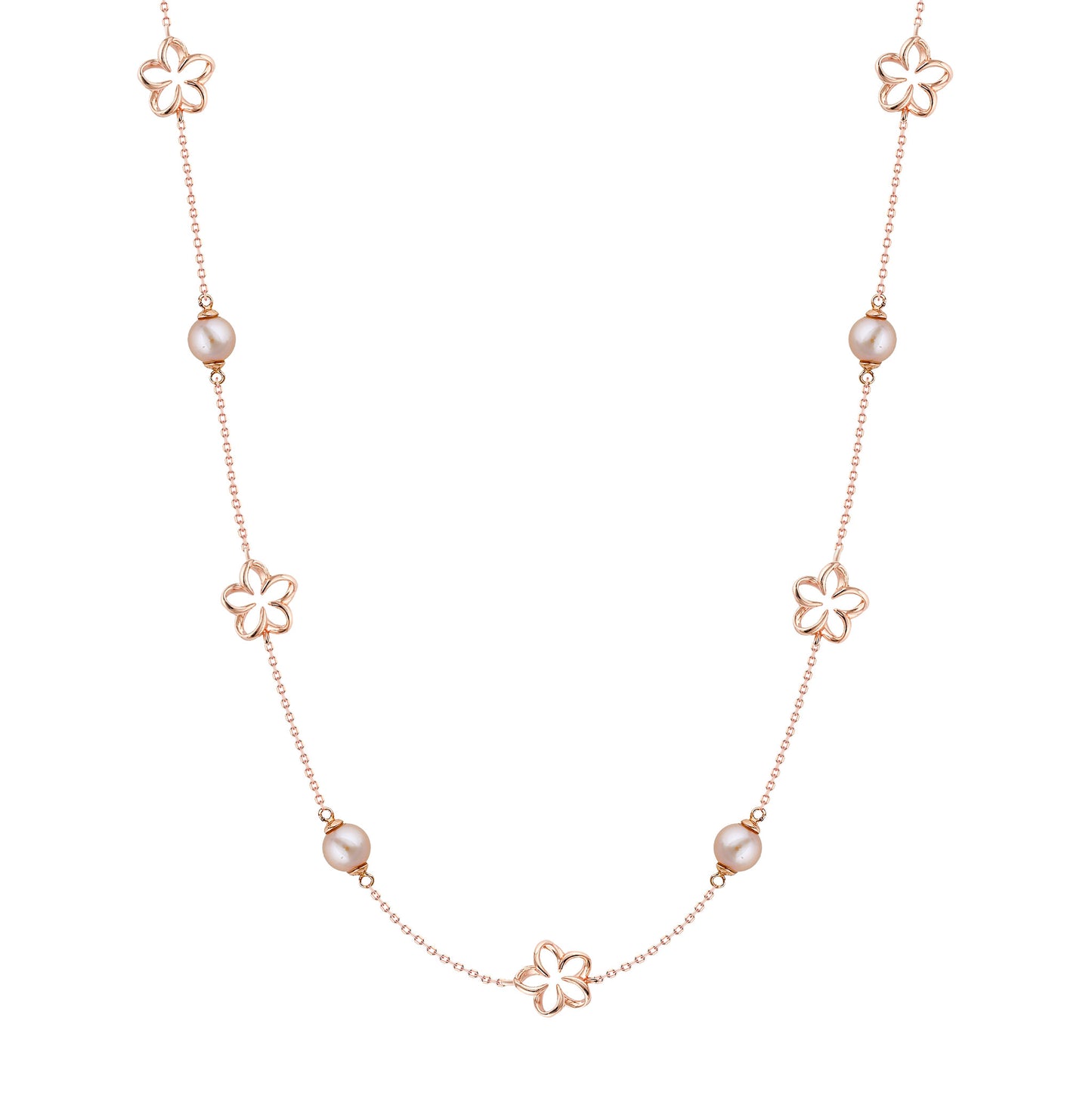 Delicate rose gold necklace with stationary pink freshwater pearls and plumerias inspired by Hawaiian beauty. Item No. 44659