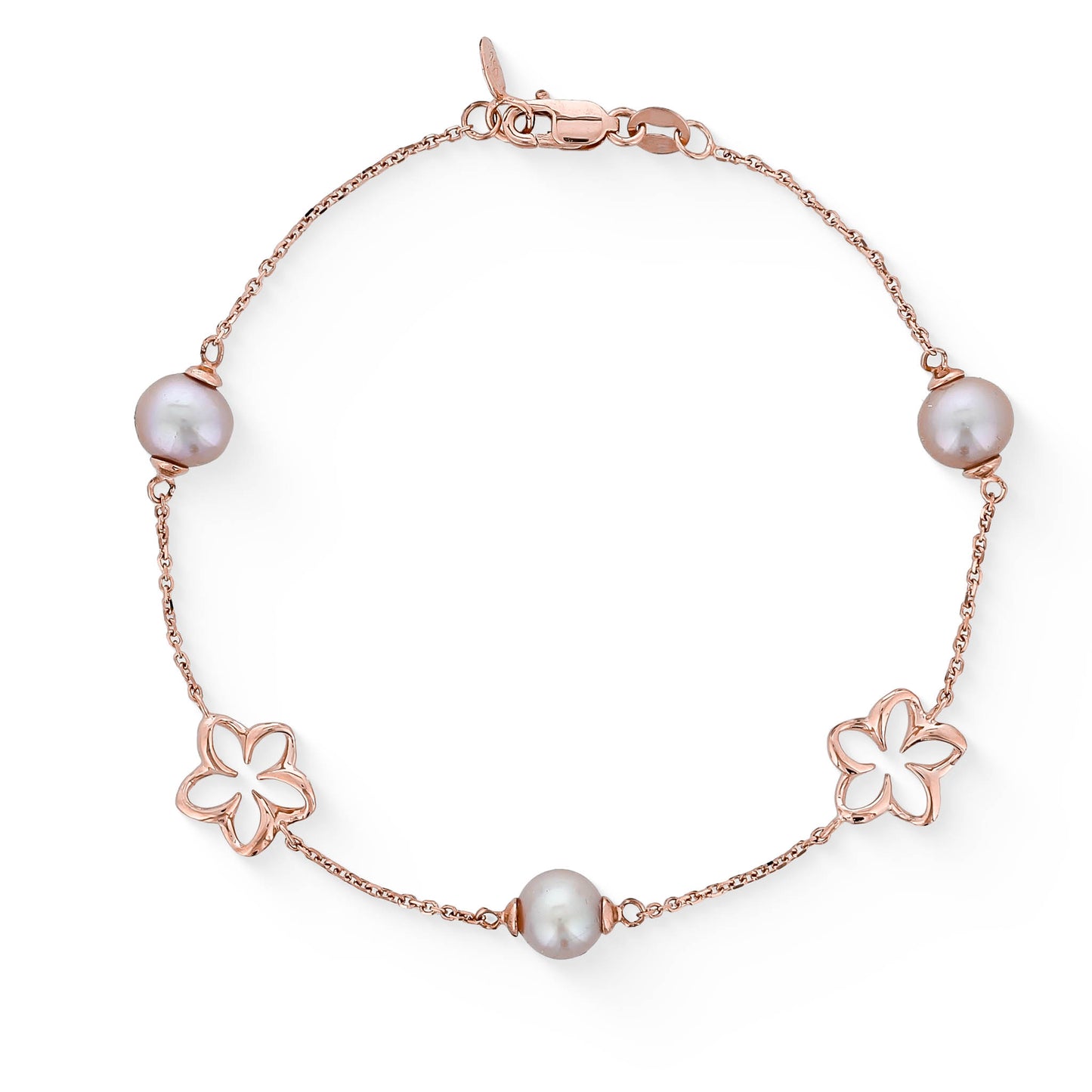Delicate 14k rose gold chain bracelet featuring pink pearls and plumeria flower accents. Item No. 44907