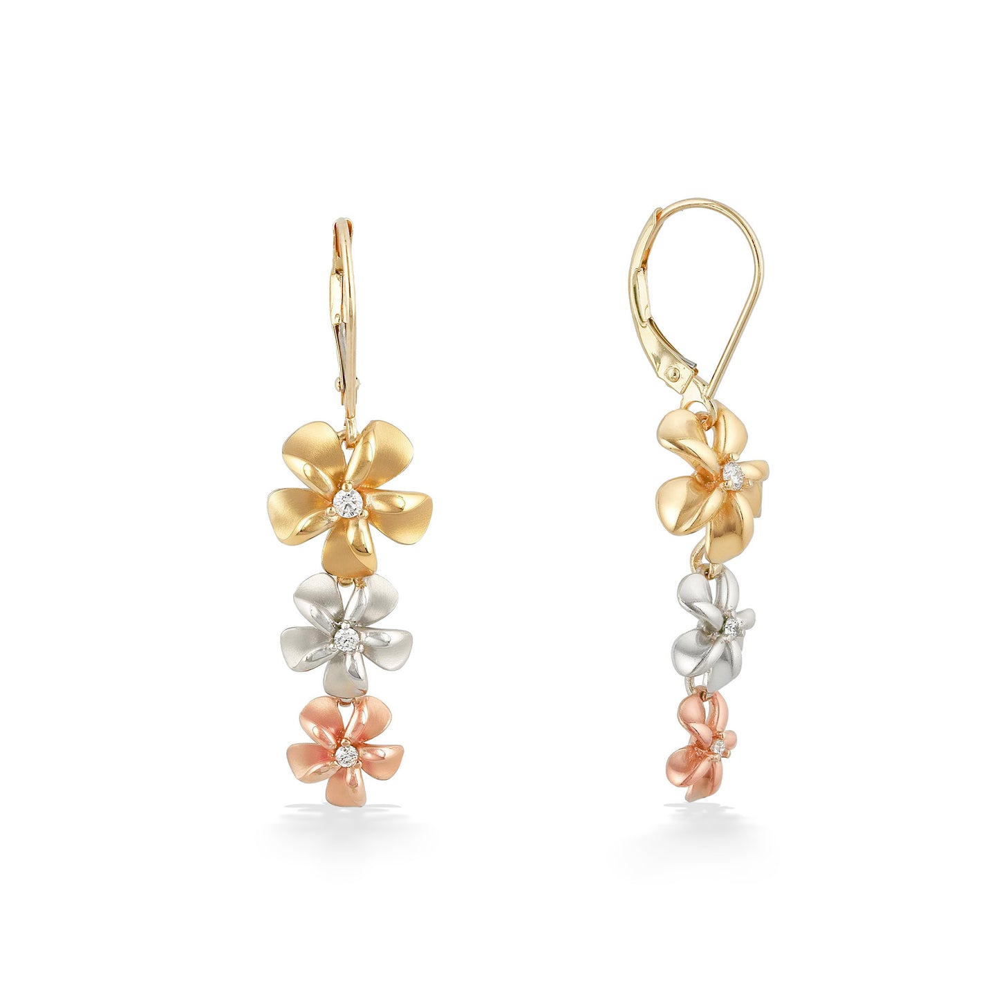 Three Plumerias (tricolor) with center diamonds hang vertically from 14K yellow gold earring leverbacks. Item No. 44902