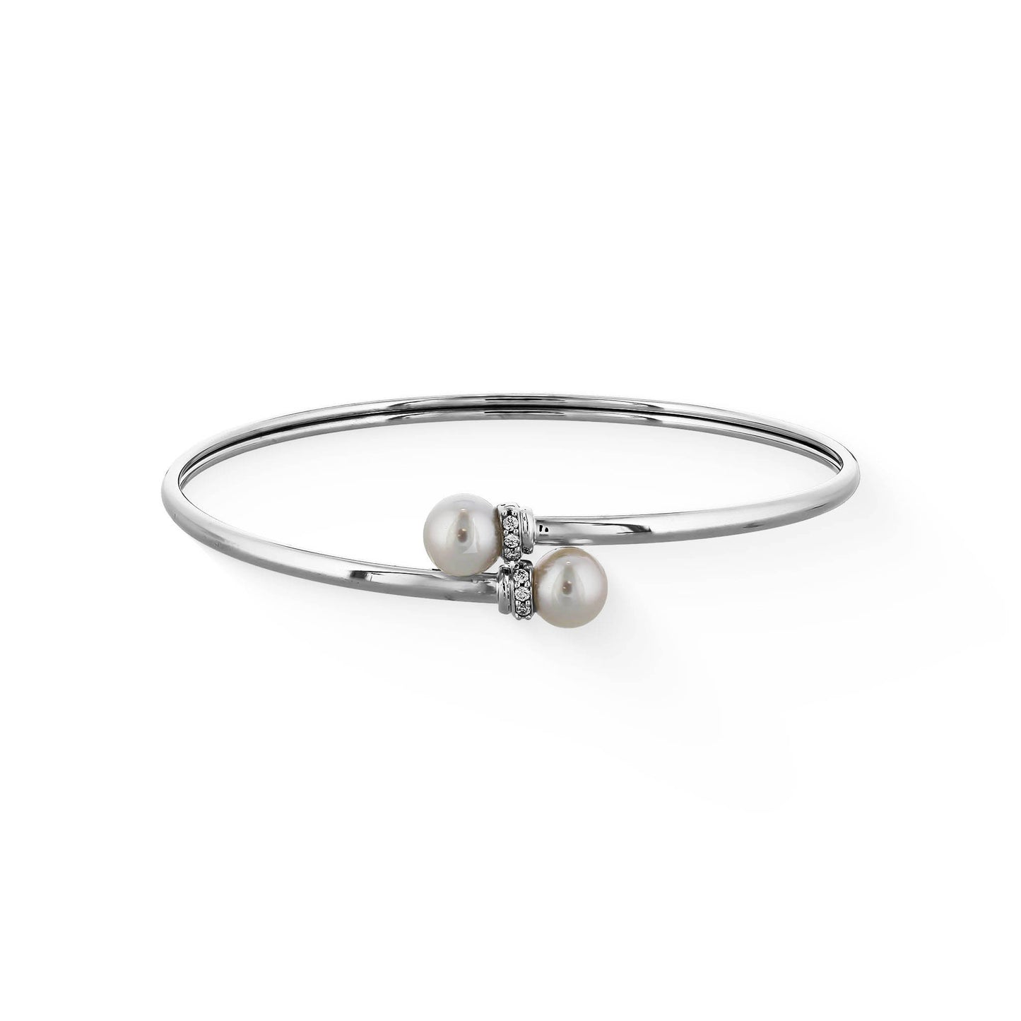 Polished 14k white gold flex bangle showcasing two white Akoya pearls with diamond accents at the center. Item No. 45028