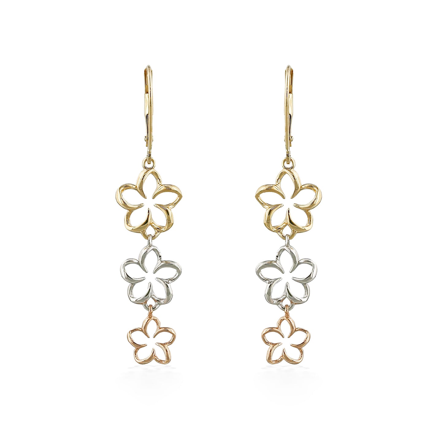 Tri-tone drop earrings with 14k yellow, 14k white, and 14k rose gold plumeria flower outlines in a cascade. Item No. 45039
