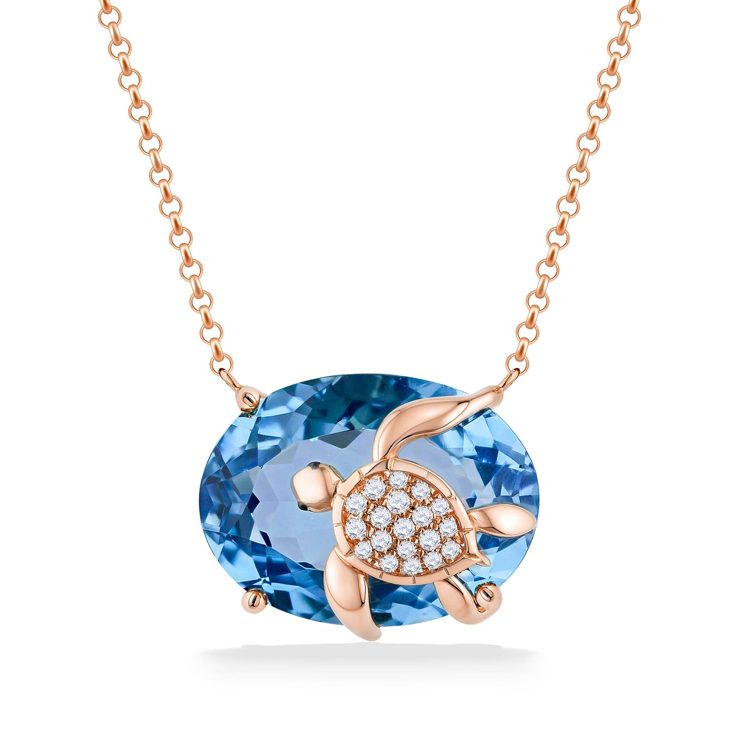 Necklace in 14K rose gold featuring a diamond-studded turtle sitting atop an oval blue topaz. Item No. 773777