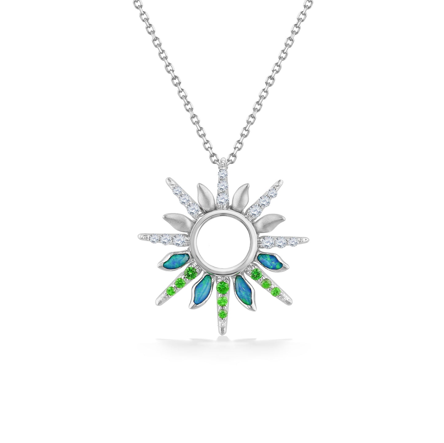 Opal inlay pendant with diamond & tsavorite rays set in 14K white gold, inspired by Hawaiian sunsets. Item No. 45054