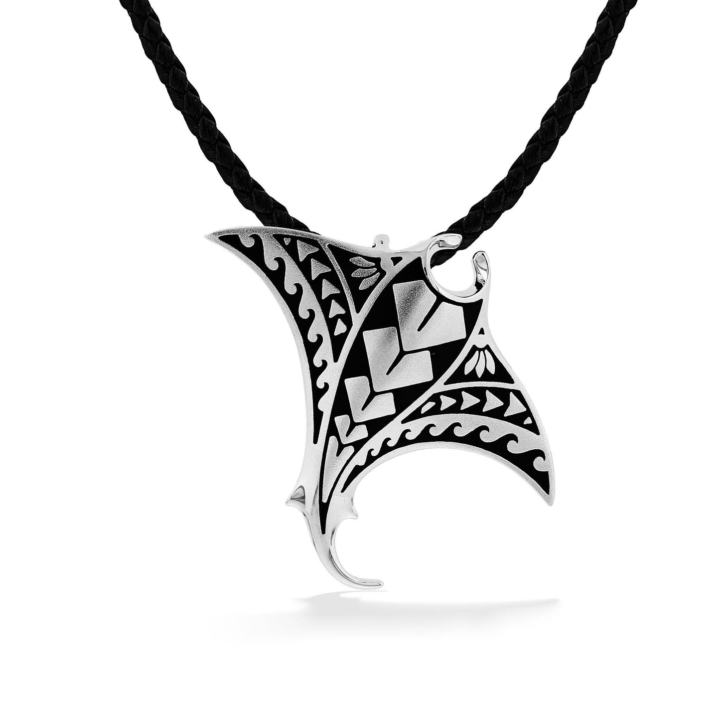 Manta pendant made in sterling silver with black tattoo motif, hung on a black cord necklace. Item No. 45068