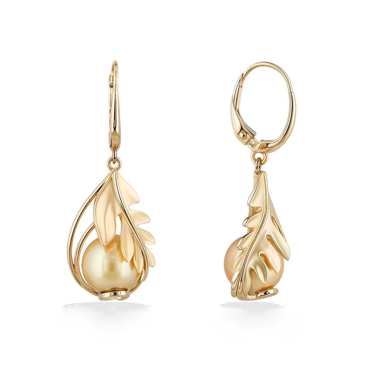 Side view of golden south sea pearl earring showing leaf design and gold leverback closure. Item No. 45075