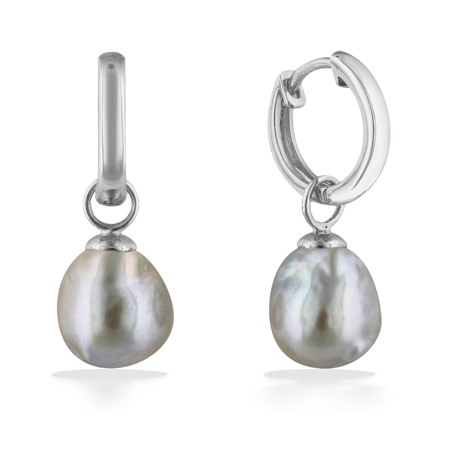 White gold hoop earrings with dangling baroque pearls showcasing natural organic shape and soft luster. Item No. 45077