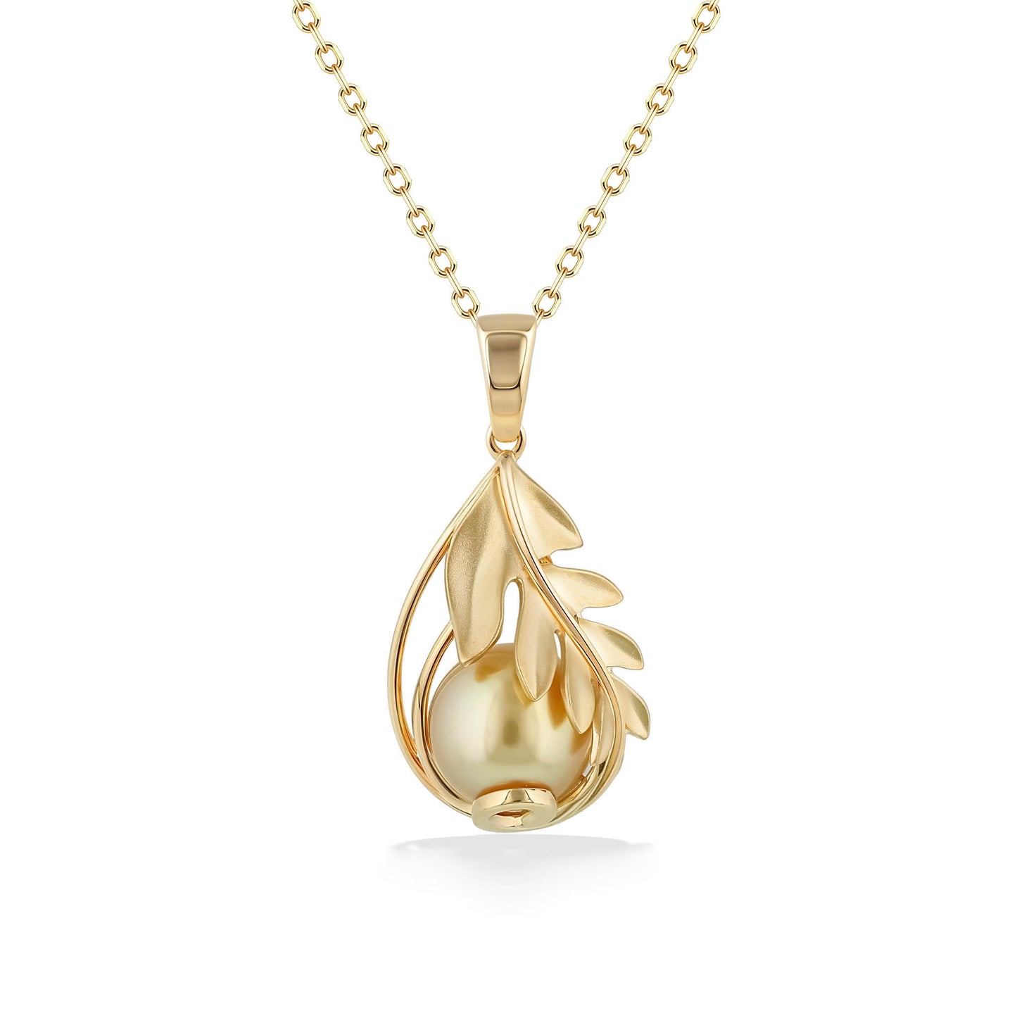 Elegant 14k yellow gold Ulu leaves framing a lustrous golden south sea 9mm pearl on a gold chain. Item No. 45076