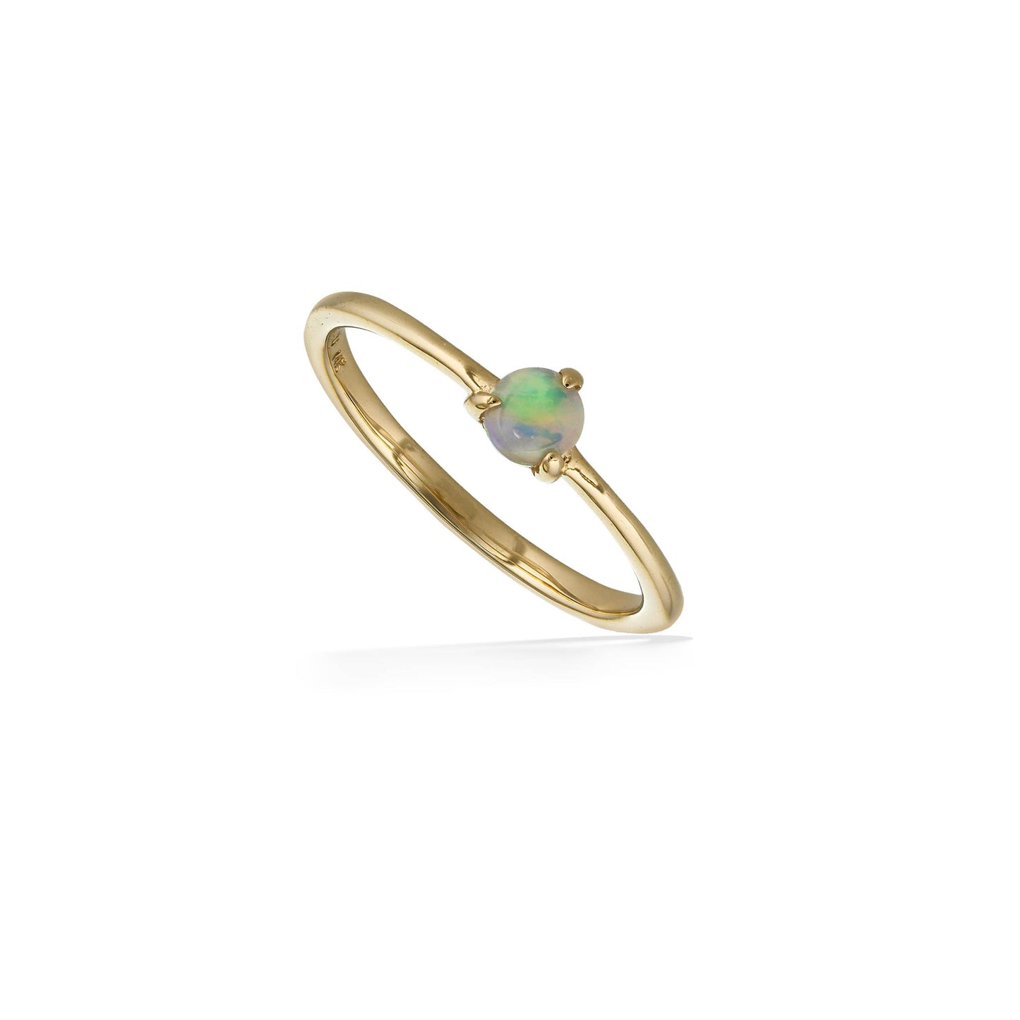 Simple yellow gold ring with a small 4mm round irridescent opal in three-prong setting. Item No. 45078