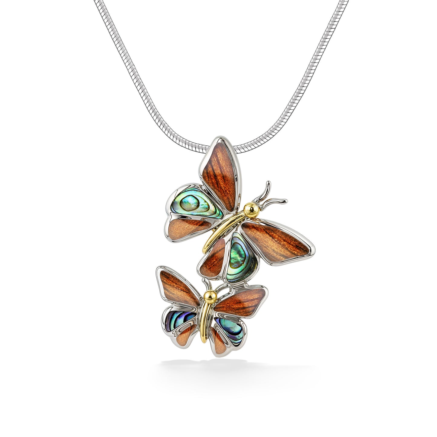 Sterling silver double butterfly pendant with koa & abalone inlay, and 18k gold bodies. Item No. 45089