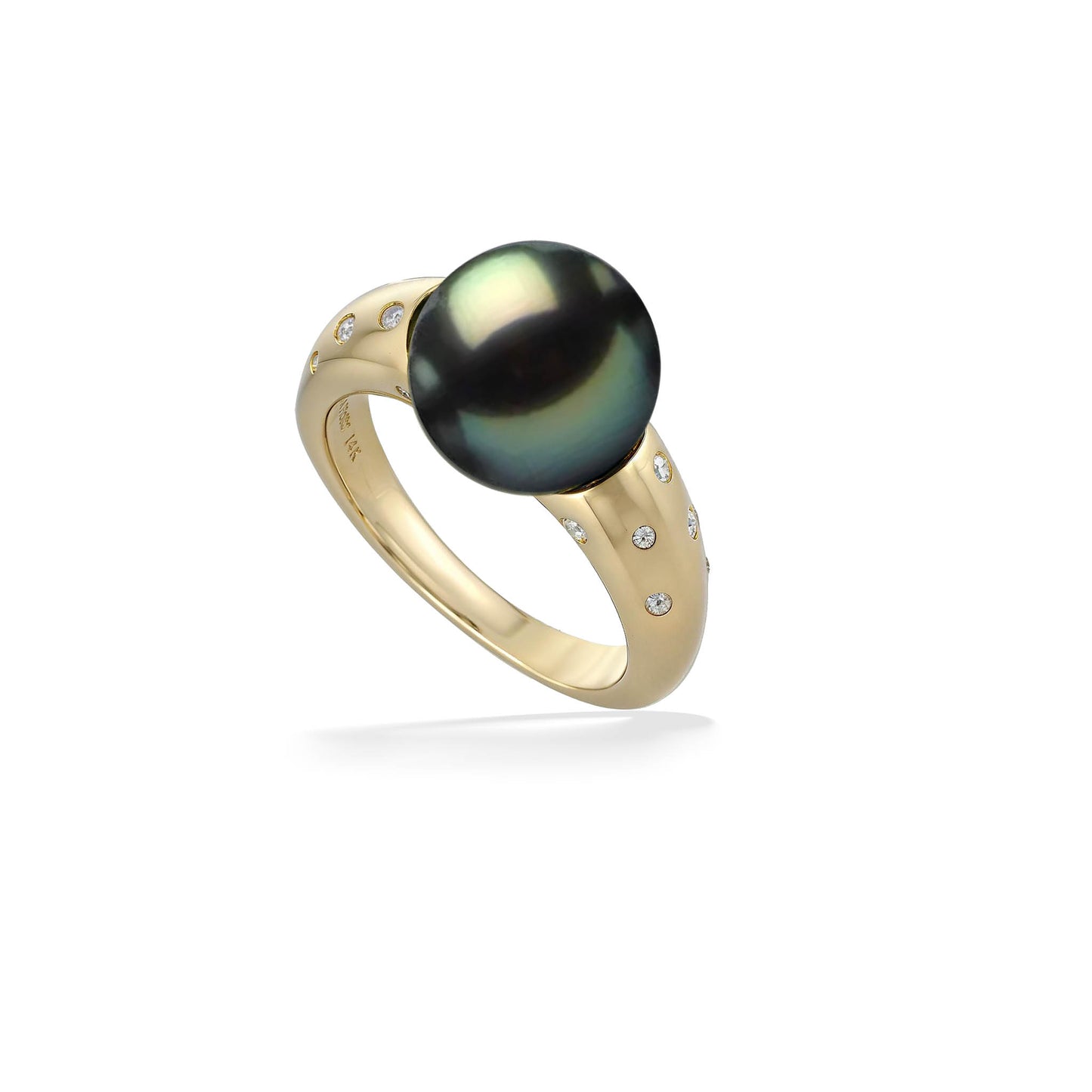 Tahitian 10mm pearl ring mounted to a tapered 14k yellow gold band with diamond accents. Item No. 45092