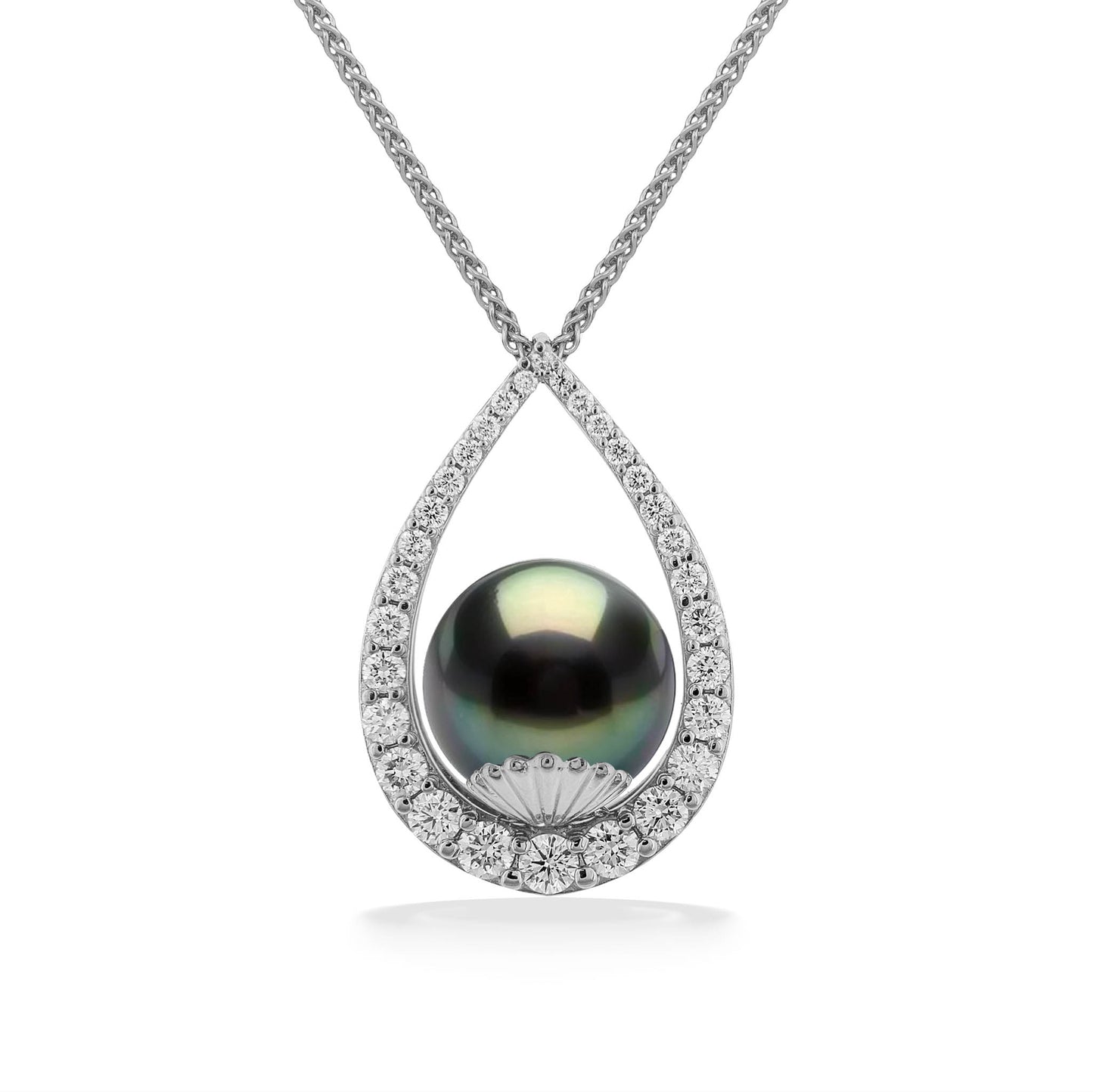 Diamond-lined teardrop shape white gold pendant necklace with an 11mm tahitian pearl sitting snug inside. Item No. 45105