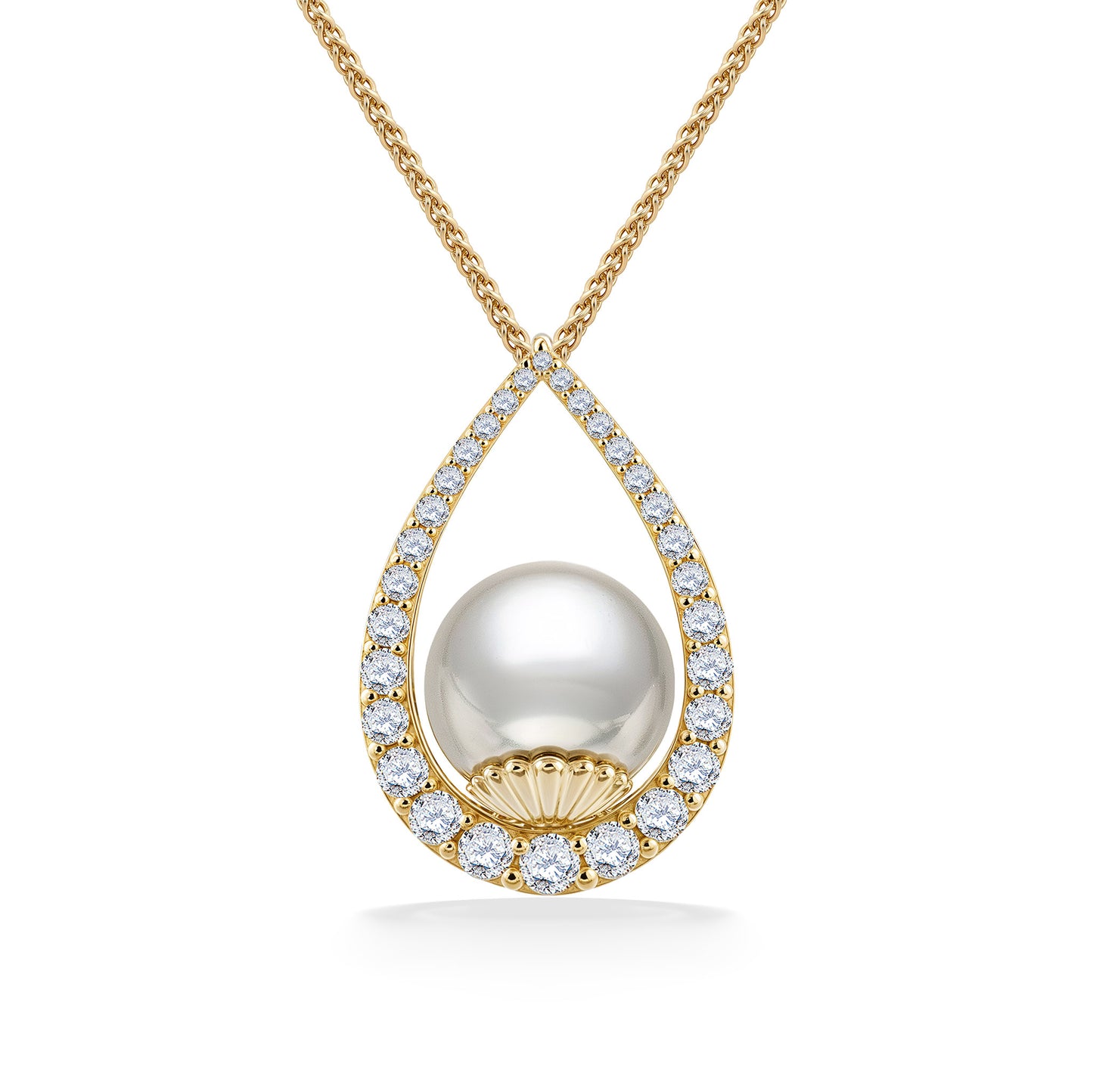 Gold teardrop-shaped pendant showcasing a luminous 11mm white south sea pearl, framed by sparkling diamonds. Item No. 45109