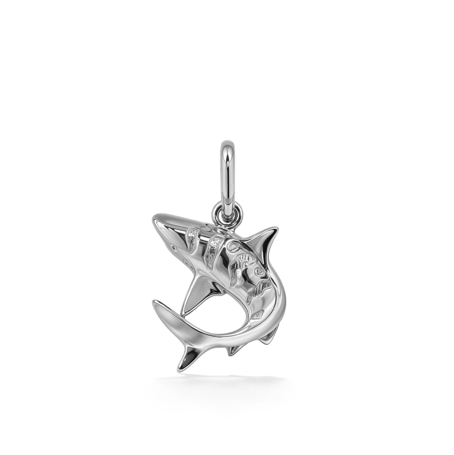 Top view of a tiger shark charm with tiger details. The shark is curved as if it's making a sharp left turn. Item No. 45091