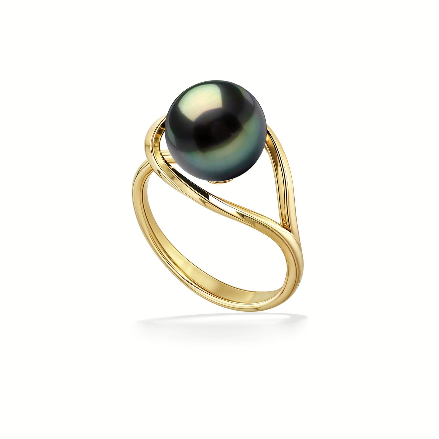 Delicate yellow gold ring with a 9mm tahitian pearl in an open swirl setting & modern sculptural design. Item No. 45115