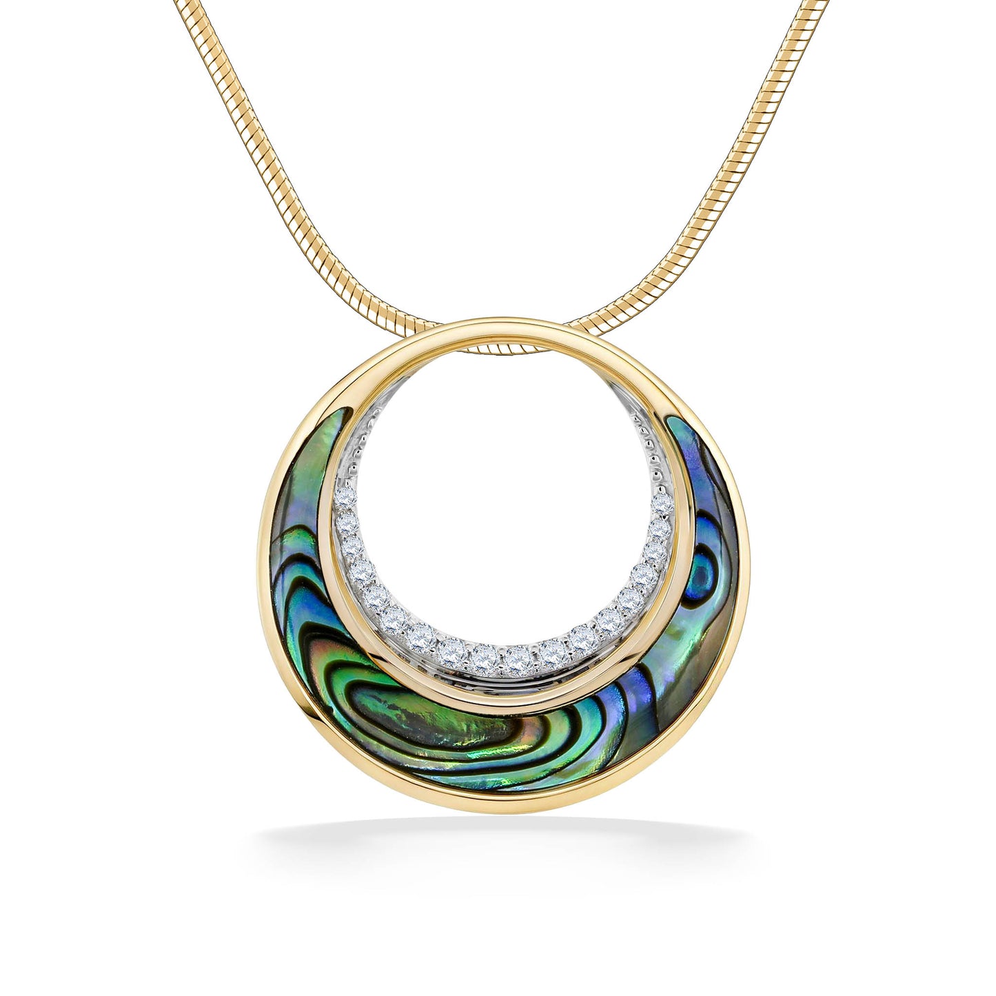 Crescent shaped abalone inlay on bottom of gold circle pendant, lined with diamonds on inner circle. Item No. 45125