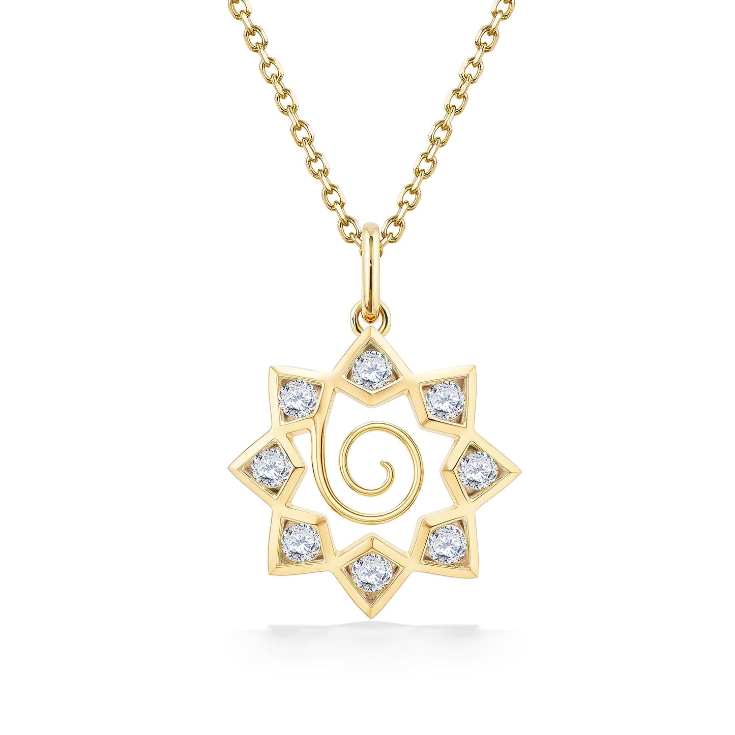 Star-shaped 14k yellow gold pendant with a spiral center & 8 sparkling diamonds arranged along pointed edges. Item No. 45131