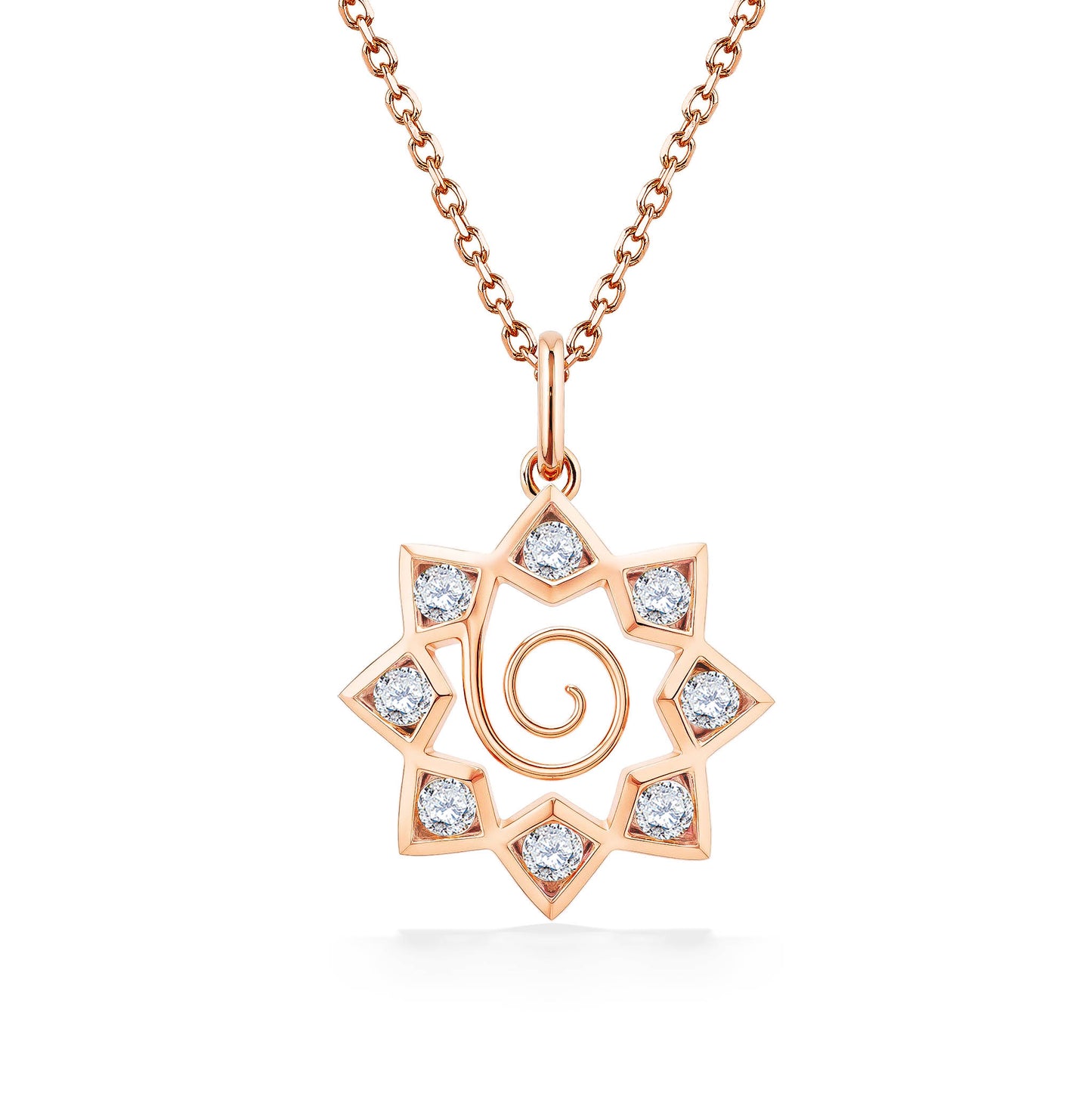 Geometric 14k rose gold star pendant accented with 8 brilliant diamonds & a delicate spiral center detail. Item No. 45133
