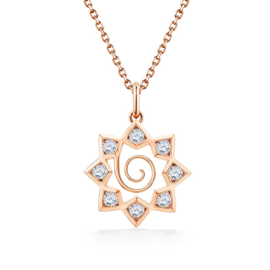 Geometric 14k rose gold star pendant accented with 8 brilliant diamonds & a delicate spiral center detail. Item No. 45133