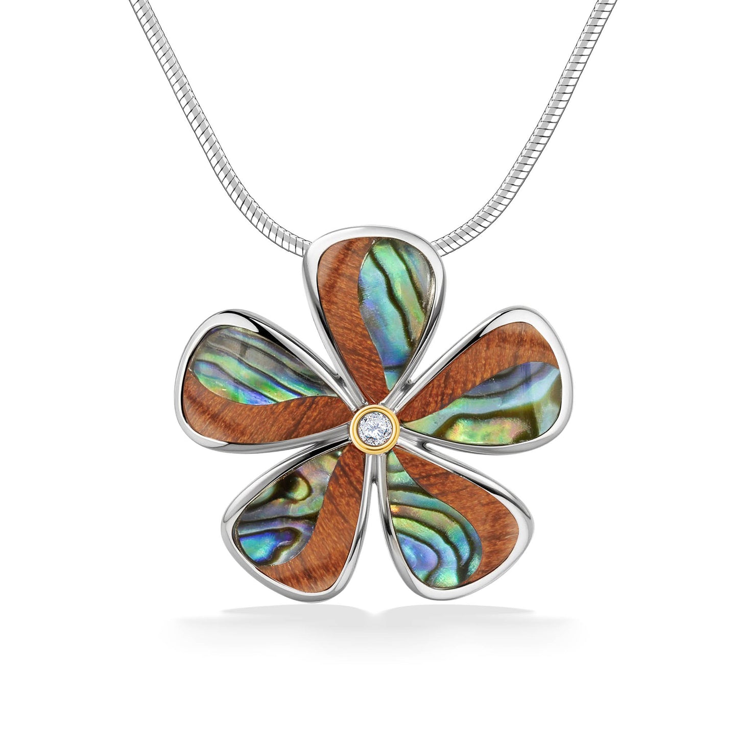 Sterling silver plumeria flower with koa and abalone inlay petals, and a diamond center encircled by gold. Item No. 45144