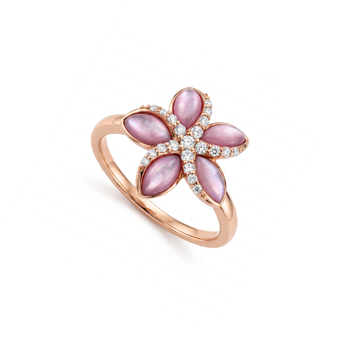 Pink mother of pearl and diamond Plumeria ring in 14K rose gold, showing the floral design and diamond details. Item No. 45155