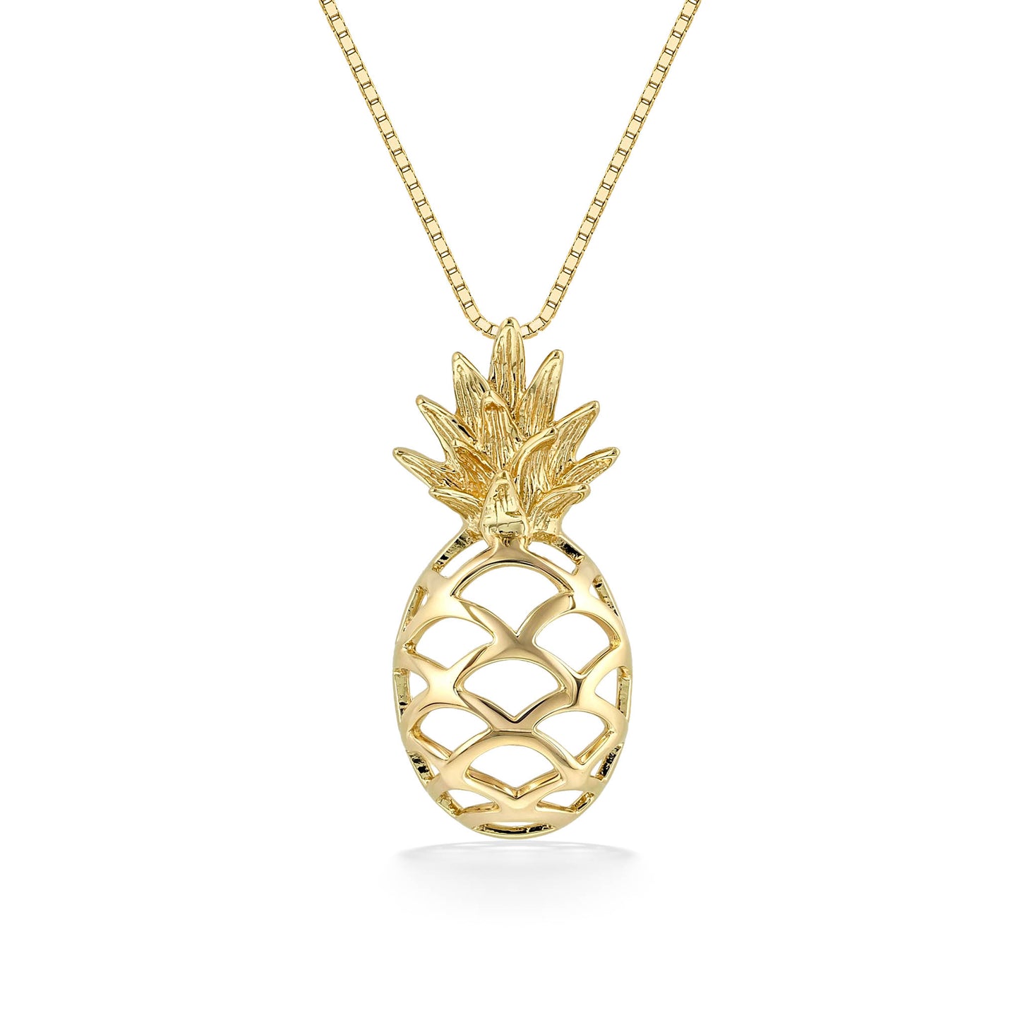 Gold pineapple pendant necklace with open lattice design and textured crown detailing. Item No. 44833