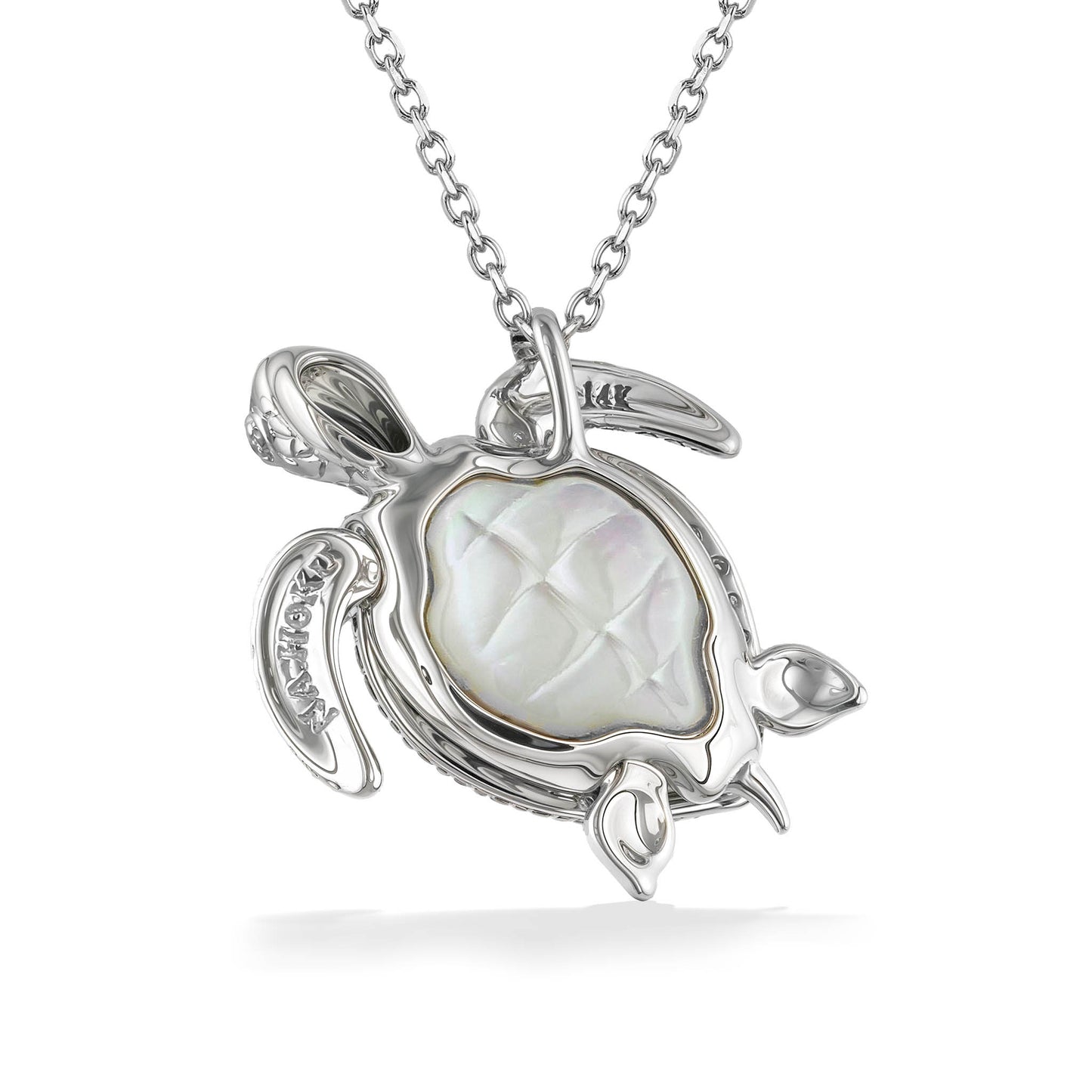 Close-up of 14k white gold turtle pendant on chain, with abalone inlay shell framed by pavé-set diamonds. Item No. 44837