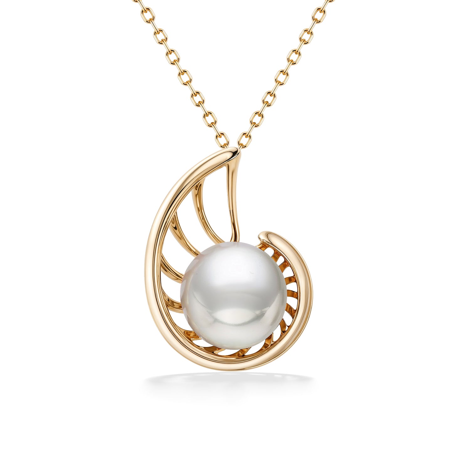 Gold pendant with an open spiral design showcasing a 7mm round white akoya pearl set in polished metal. Item No. 45174