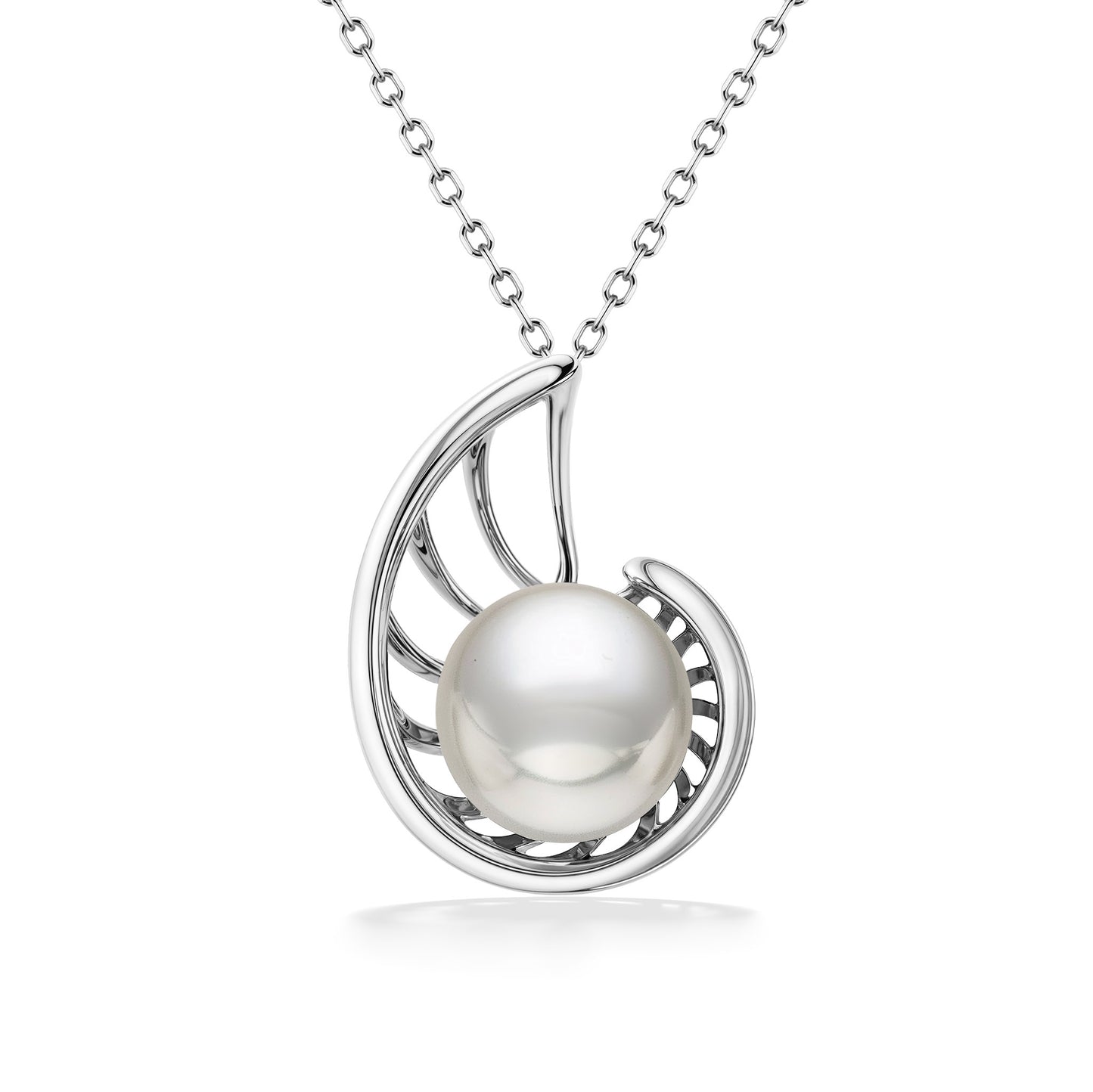 White gold pendant with open spiral lines surrounding a smooth 7mm white akoya pearl, suspended from a chain. Item No. 45175