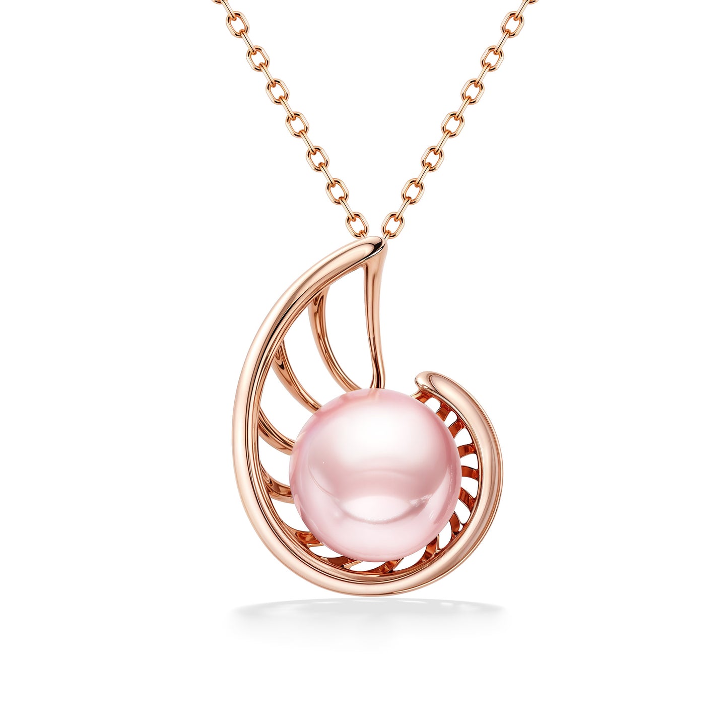 Nautilus designed pendant made in 14k rose gold with a lustrous pink freshwater pearl. Item No. 45177