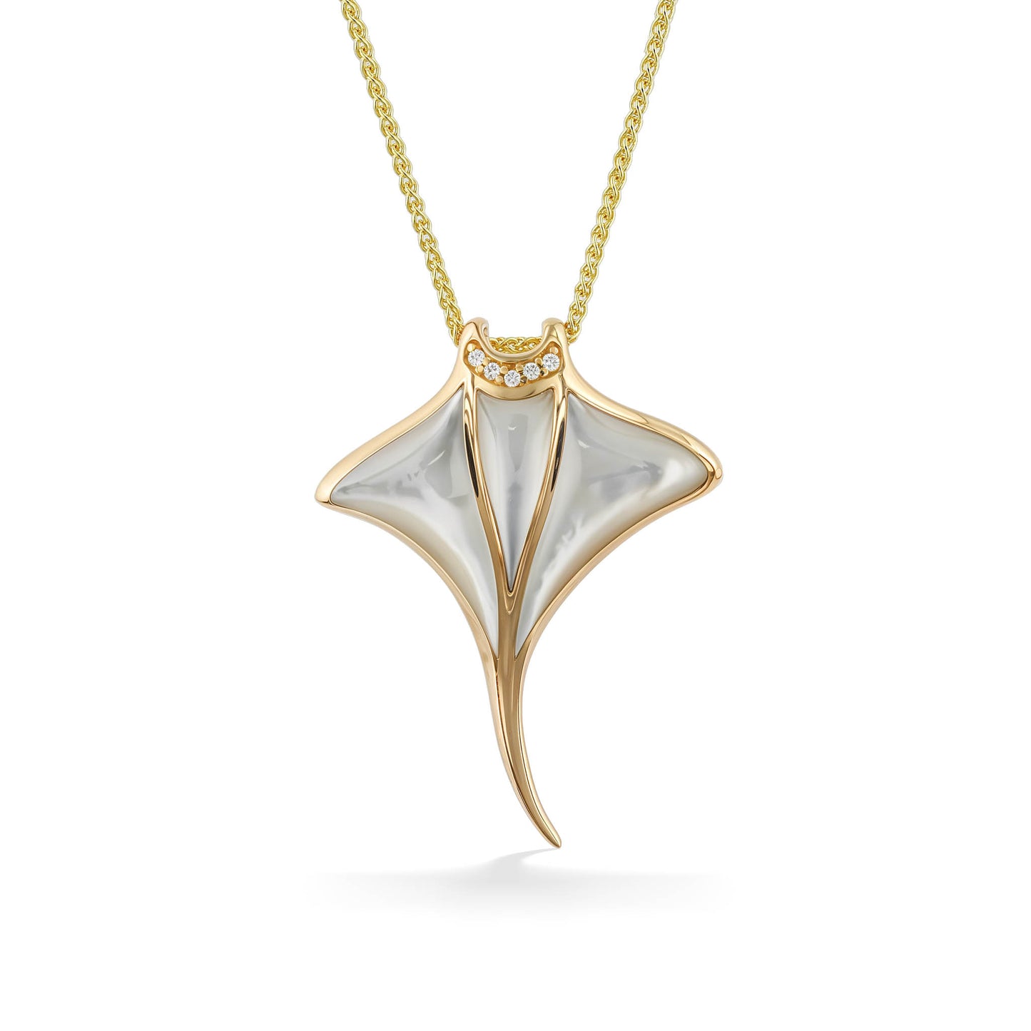 Manta ray pendant with a white mother of pearl back and diamond accented mouth. Item No. 773929