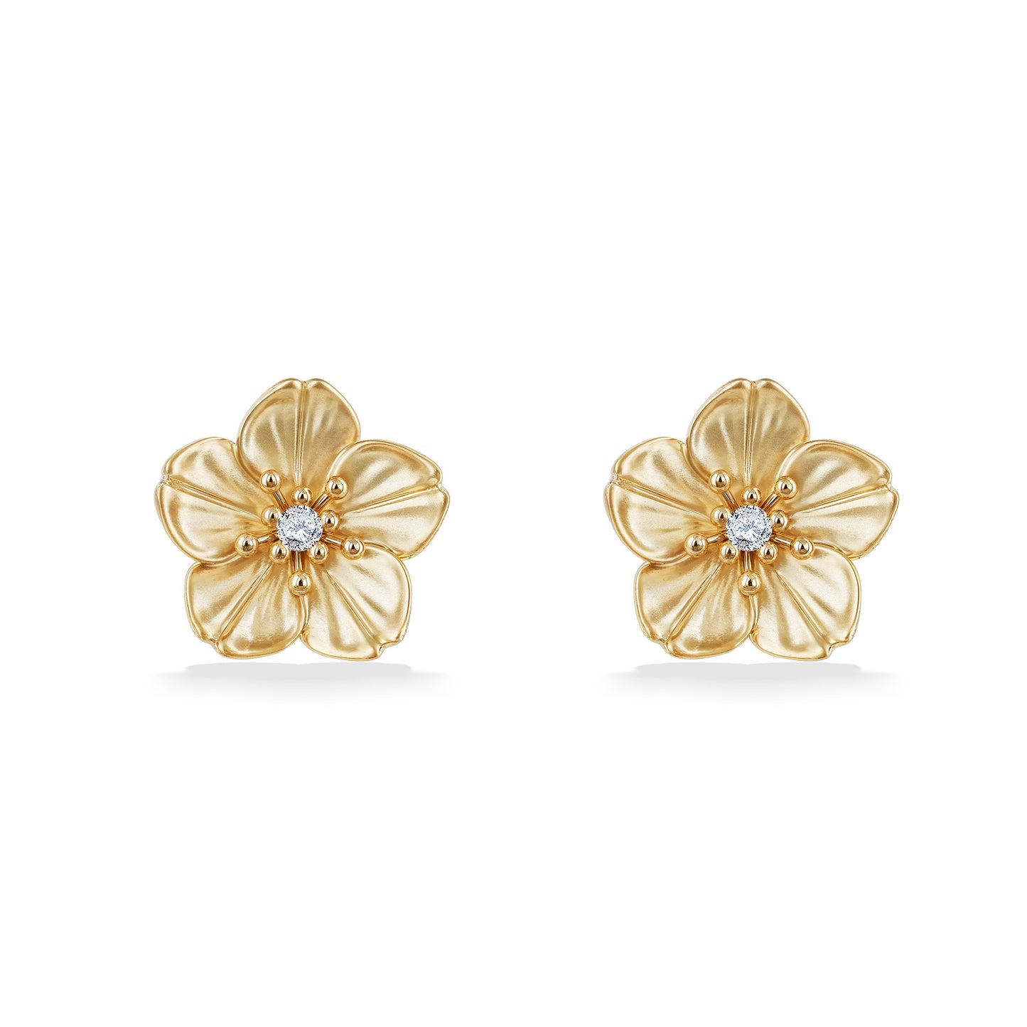 Yellow gold cherry blossom studs with soft satin petals and a bright diamond center. Item No. 45180
