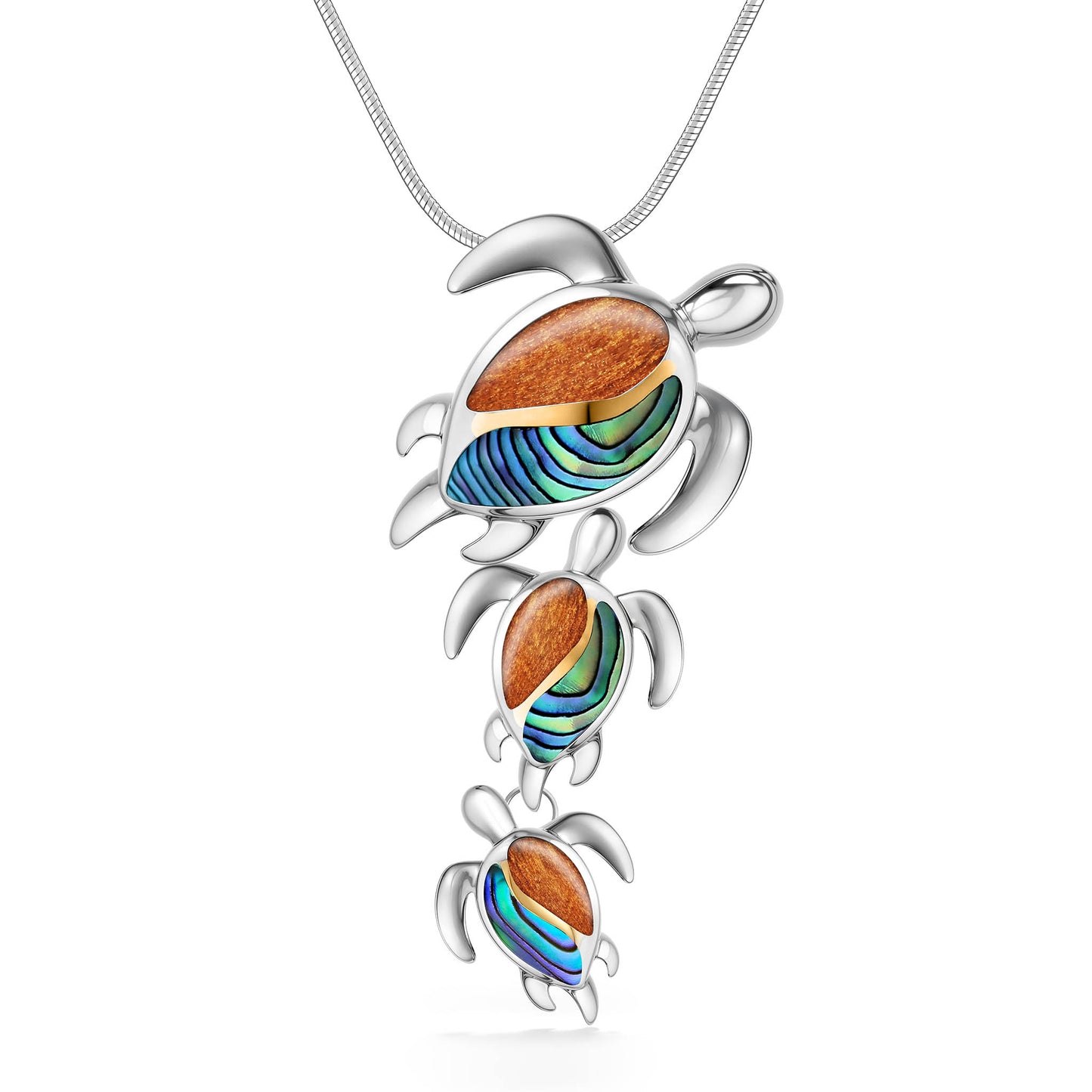 45184 - Sterling Silver - Mother and Two-Keiki Honu Pendant with Abalone and Koa Wood
