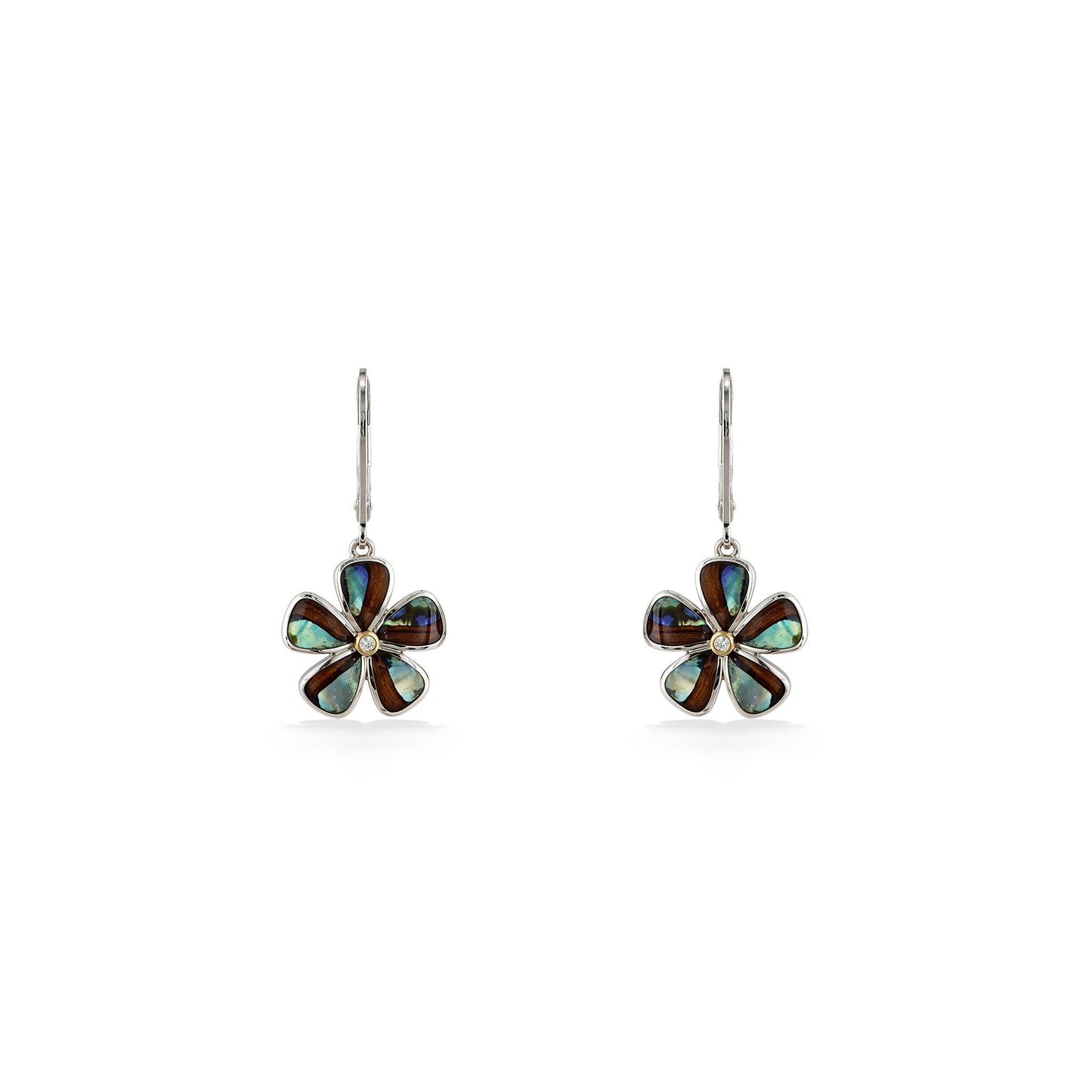 Sterling silver plumeria leverbacks with half abalone & koa petals, & an 18k gold bezel diamond. Item No. 45185