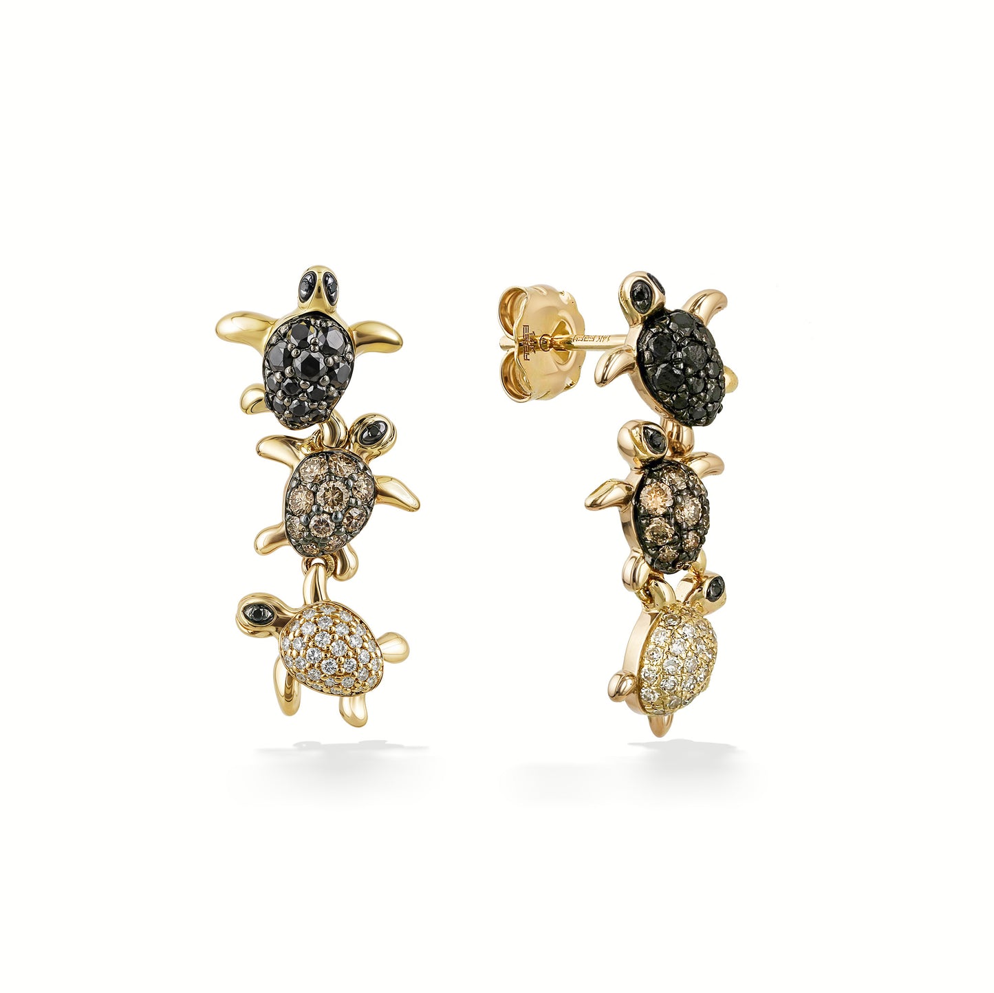 Three turtle dangle earrings with multi-color diamonds set in gold. Right earring shows post and earnuts. Item No. 773957