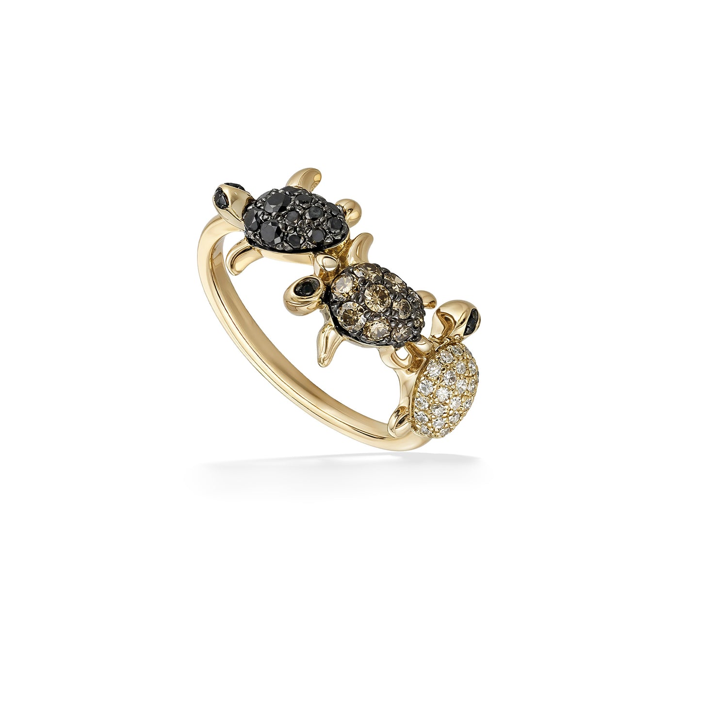 Three turtles in linear position on a ring with multi-colored diamond shell and eyes set in 14K yellow gold. Item No. 773958