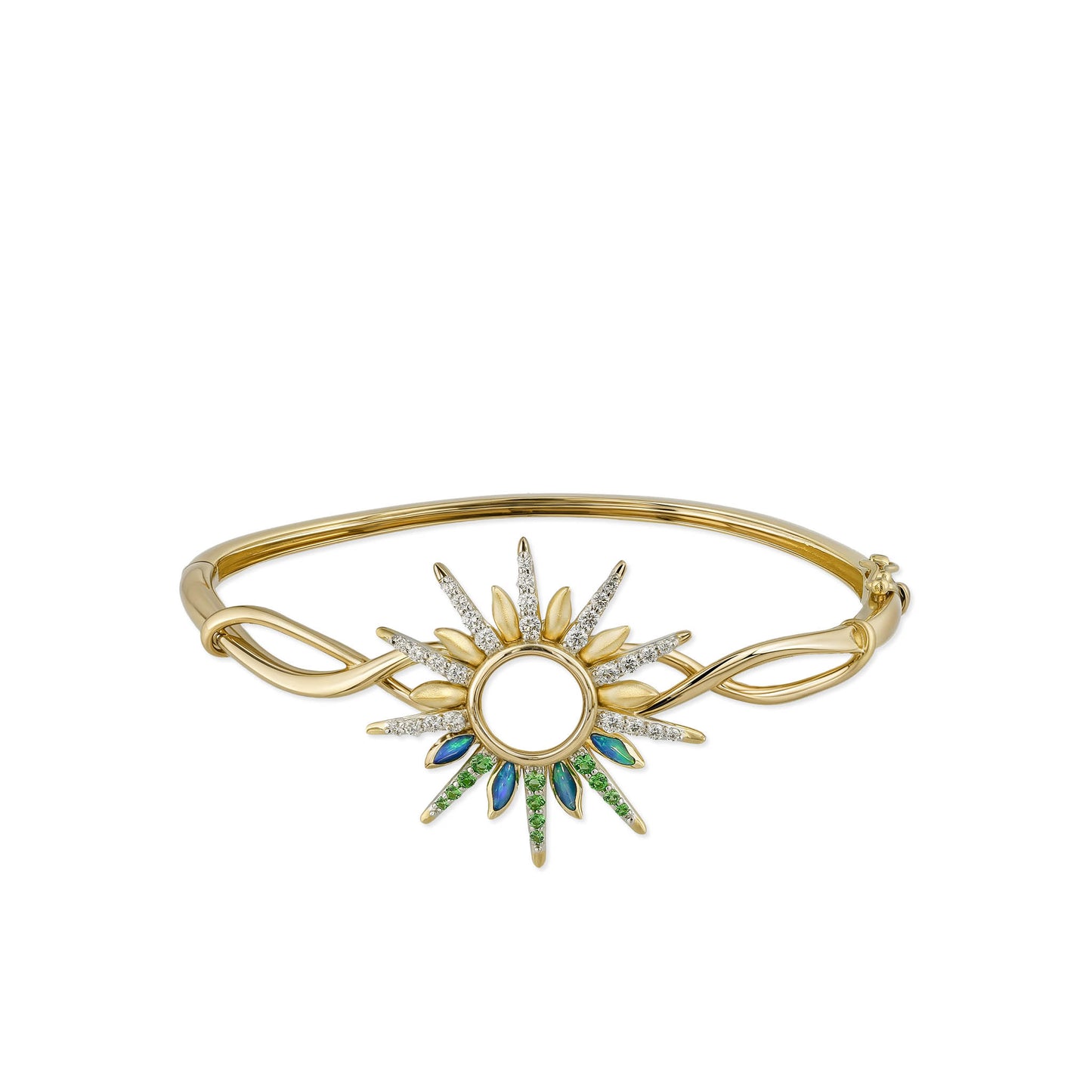 Sunburst 14k yellow gold bracelet with opal, tsavorite & diamond accents radiating from a circular center. Item No. 45194