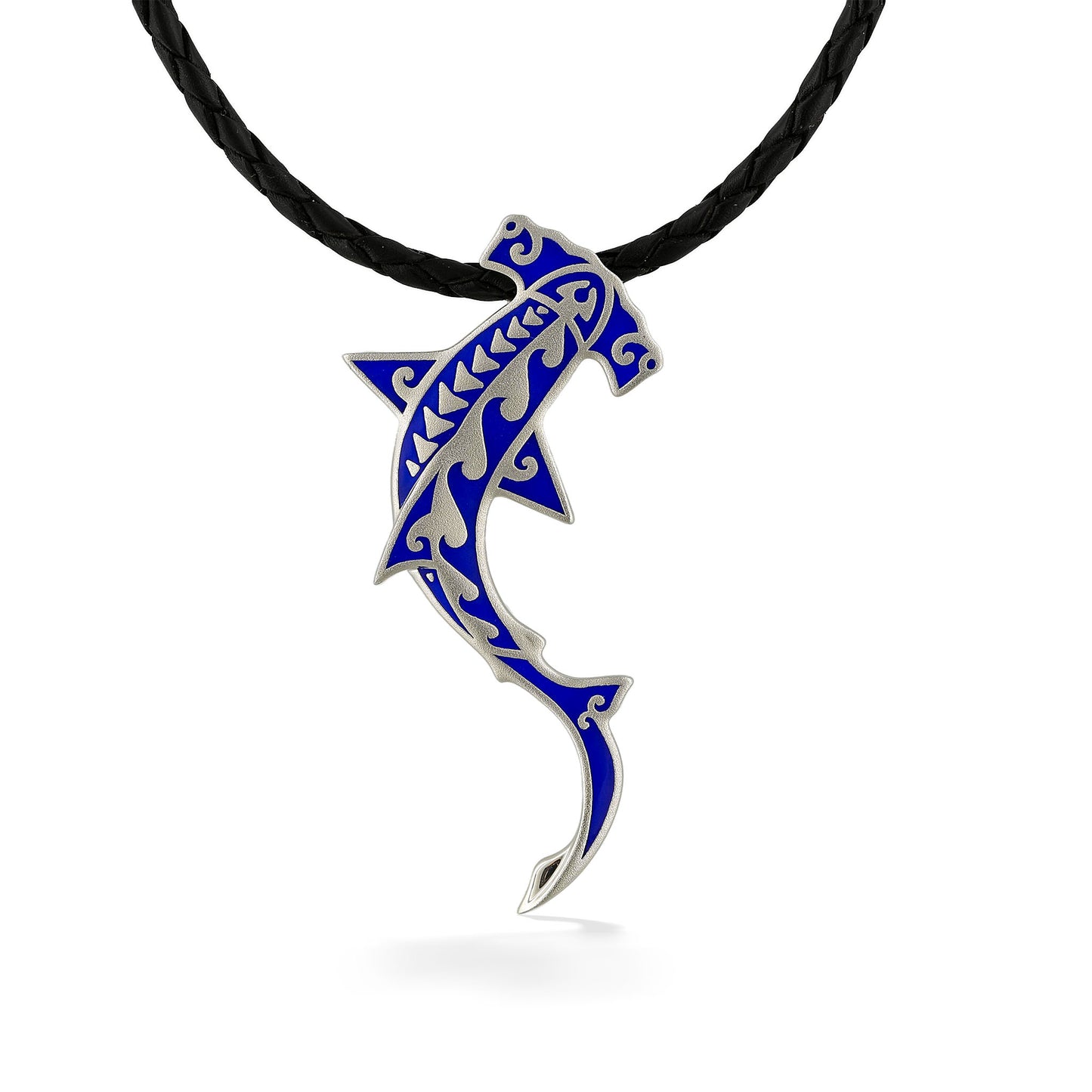 Hammerhead shark pendant with blue enamel tattoo motif, suspended from a black braided leather cord. Item No. 45202