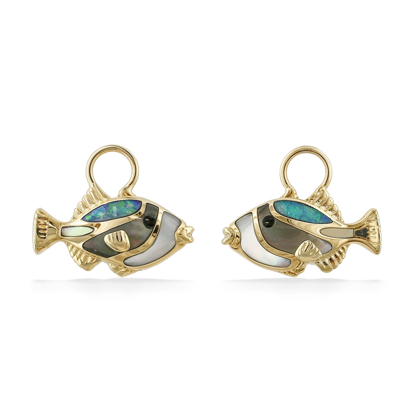 Humu fish earring charms featuring inlay of opal, onyx, and mother of pearl set in 14k yellow gold. Item No. 45206