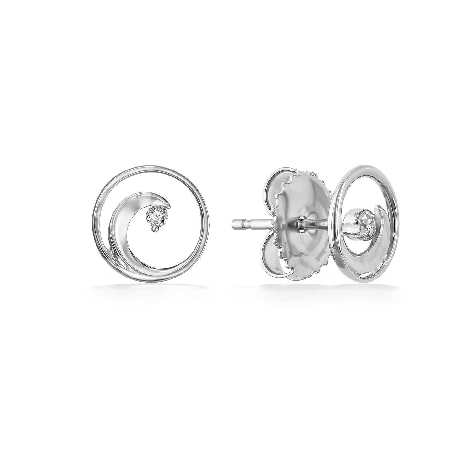 Partial view of 14K white gold wave earrings with the right side showing post and earnut of earring. Item No. 45212